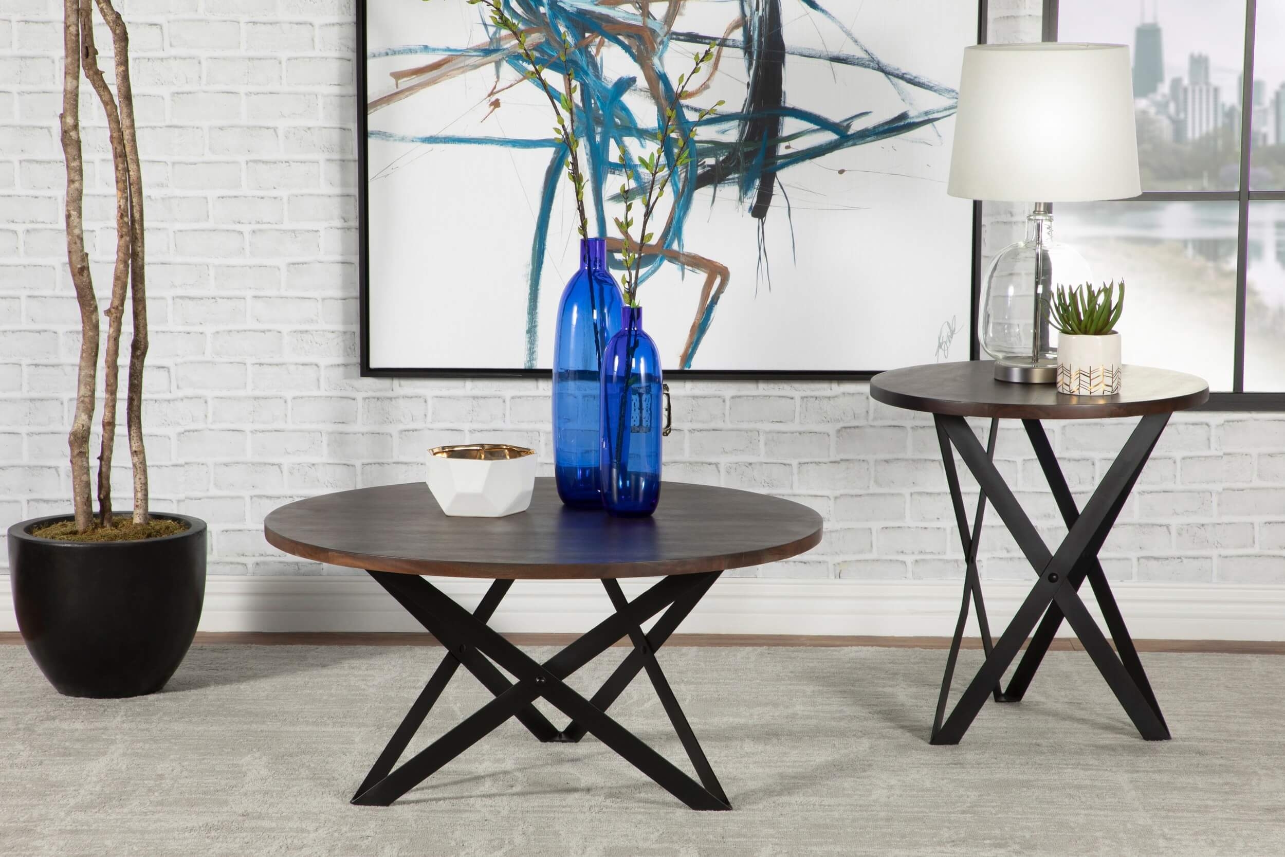 Zack Wood Round End Table with Iron Base