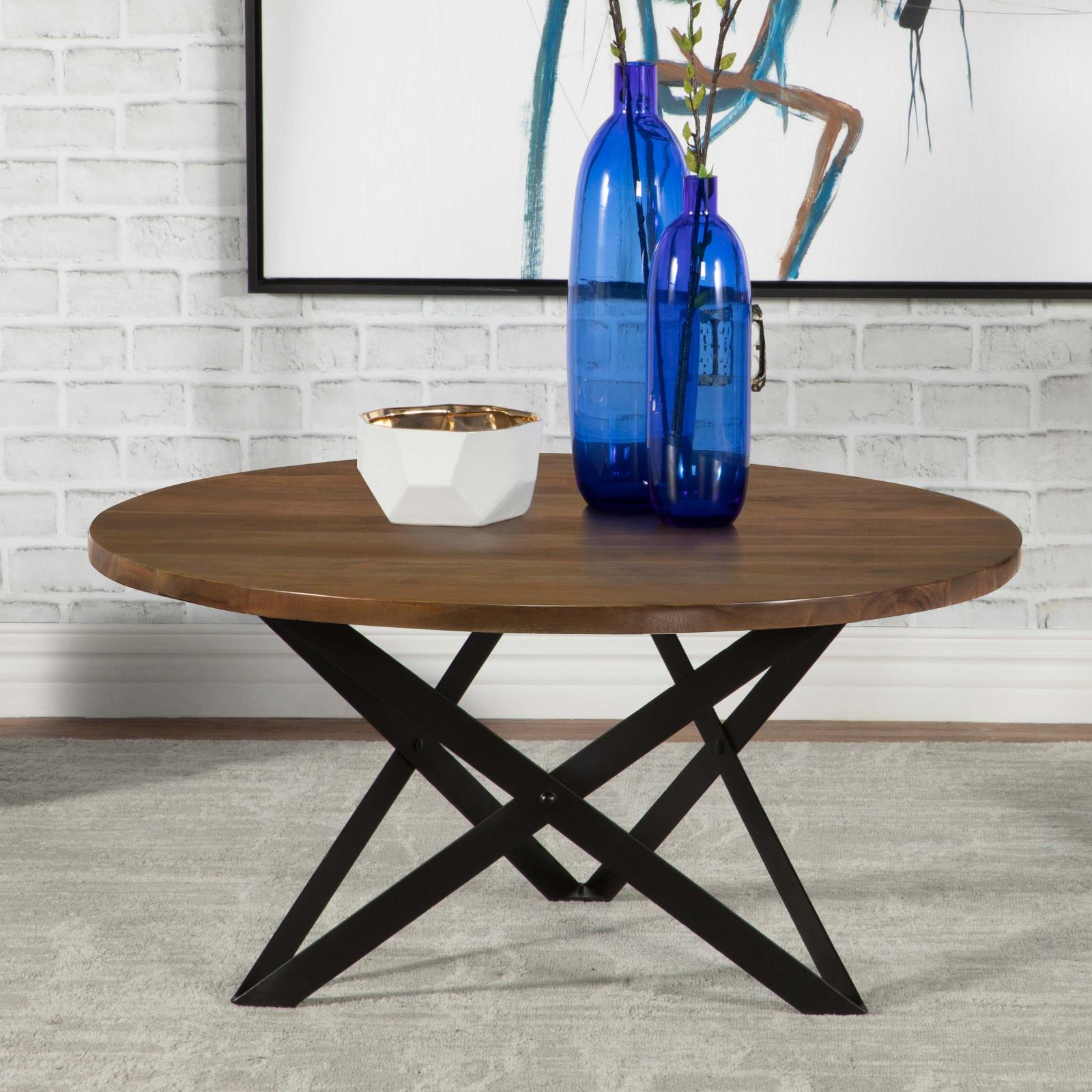 Zack Wood Round Coffee Table with Iron Base