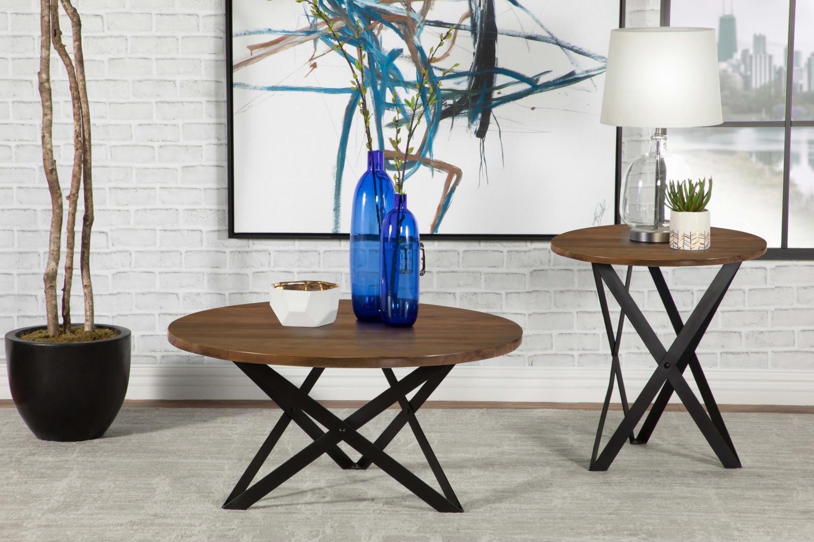 Zack Wood Round Coffee Table with Iron Base