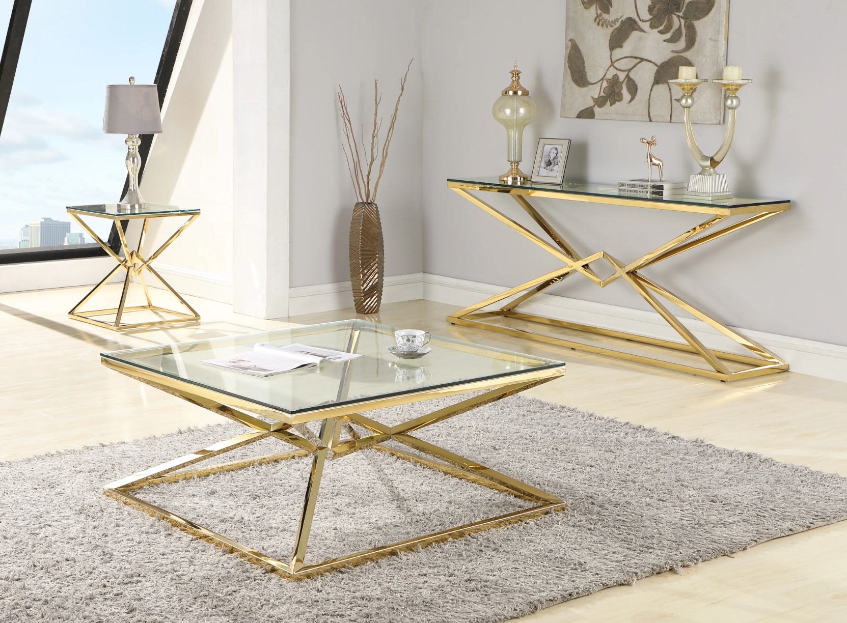 7616 20" Square Glass Lamp Table w/Double Pyramid Base