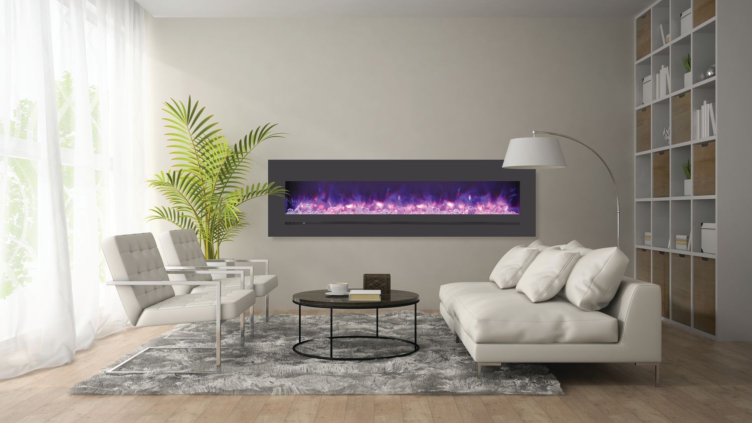 LINEAR Wall Mount/Flush Mount Electric Fireplace w/ Steel Surround & Clear Media