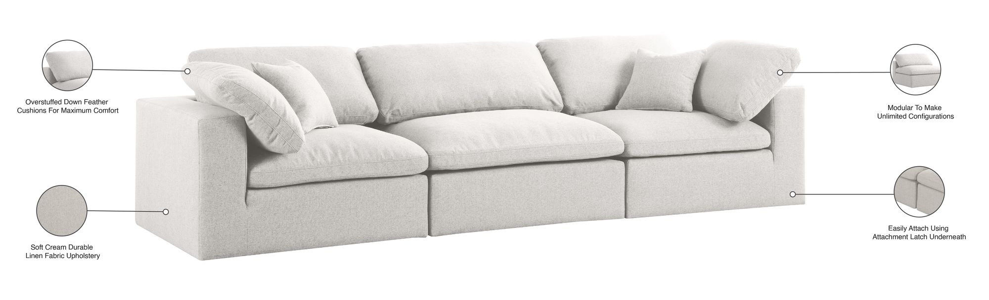 Serene 119" Linen Fabric Deluxe Comfort Modular Sofa