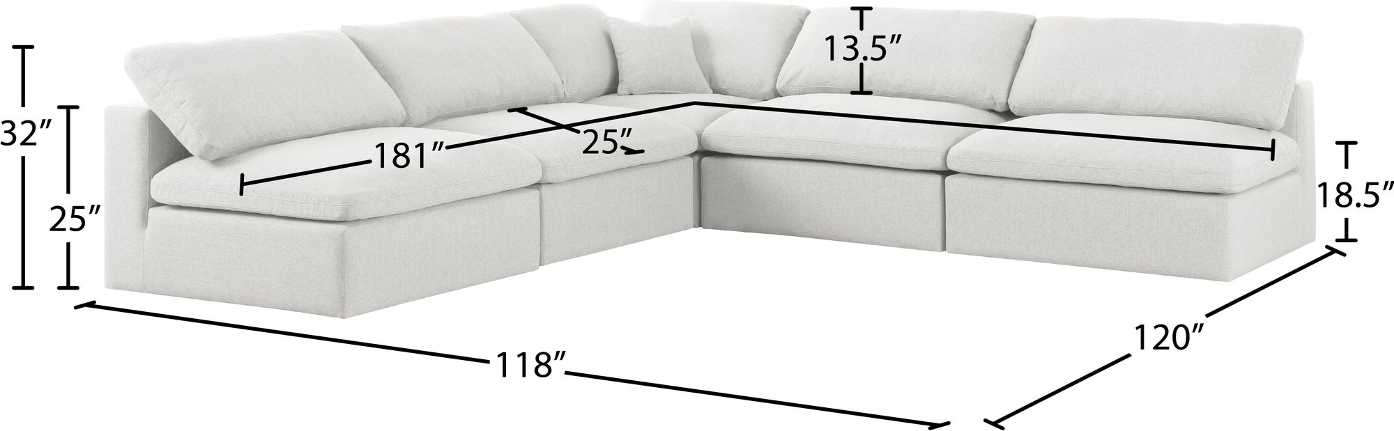 Serene 118" 5-Piece Linen Fabric Deluxe Comfort Modular Armless Sectional