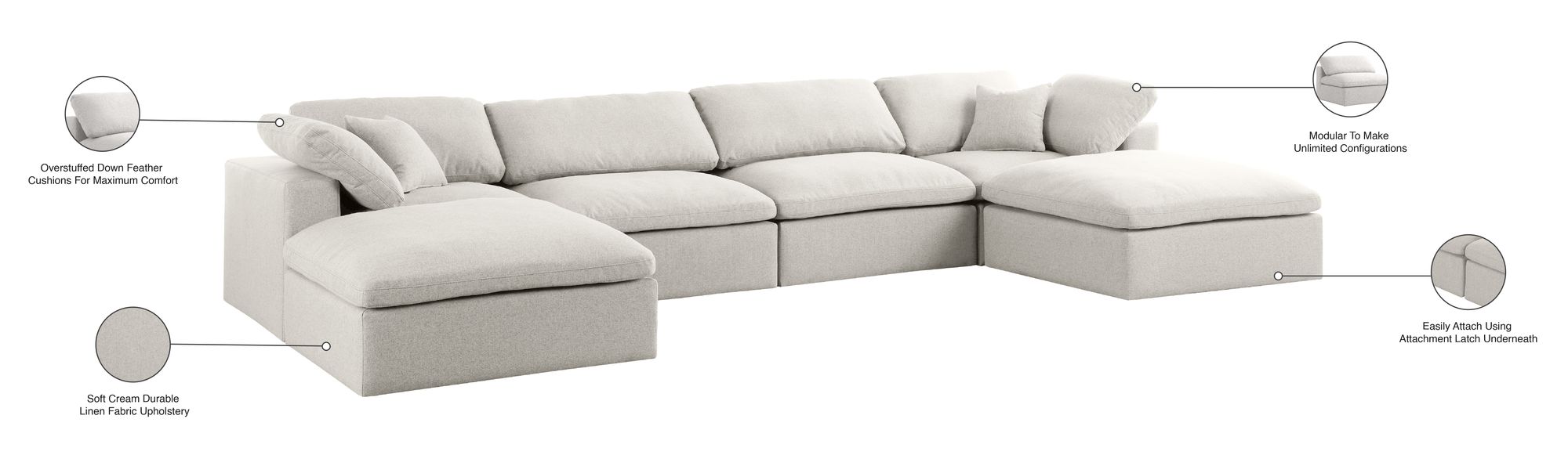Serene 158" 6-Piece Linen Fabric Deluxe Comfort Modular U-Shape Sectional