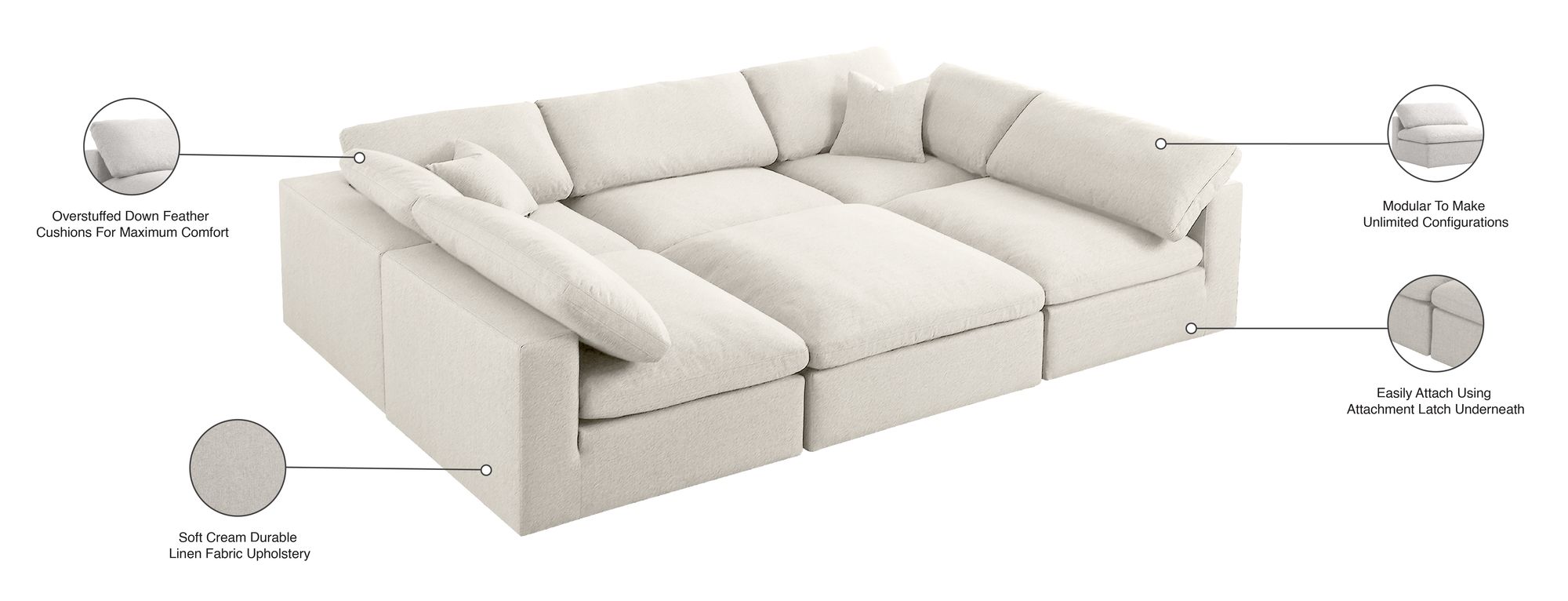 Serene 119" 6-Piece Linen Fabric Deluxe Comfort Modular Sectional