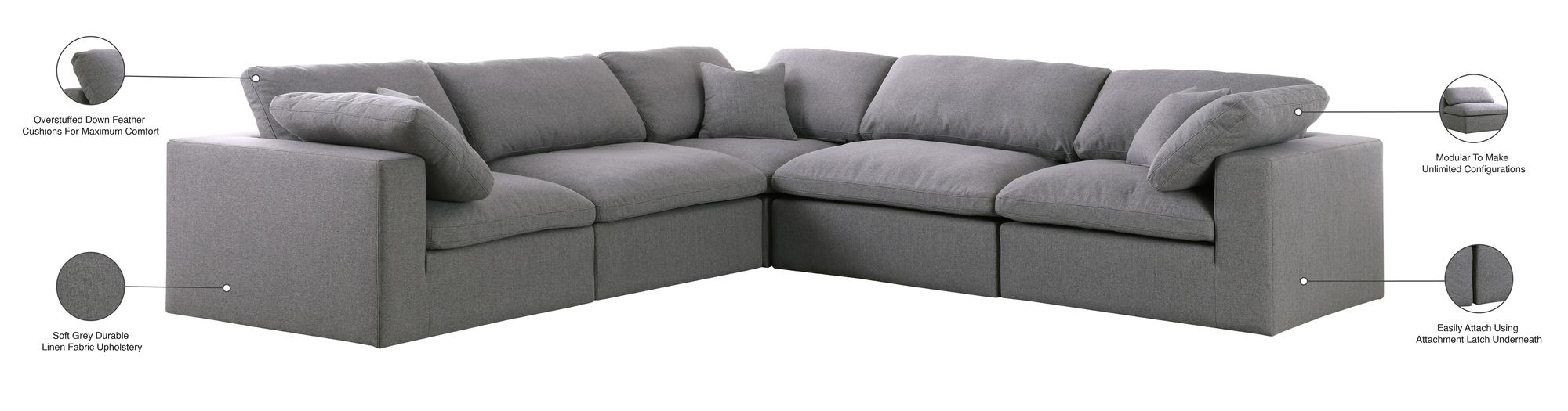 Serene 118" 5-Piece Linen Fabric Deluxe Comfort Modular Sectional