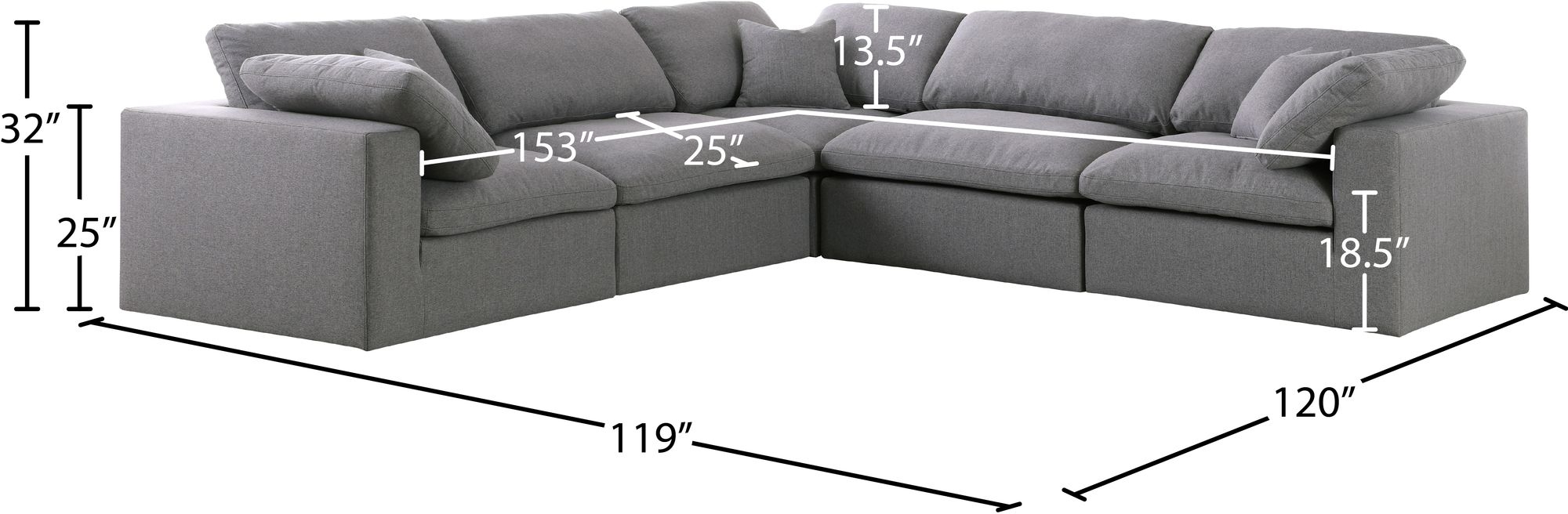 Serene 118" 5-Piece Linen Fabric Deluxe Comfort Modular Sectional