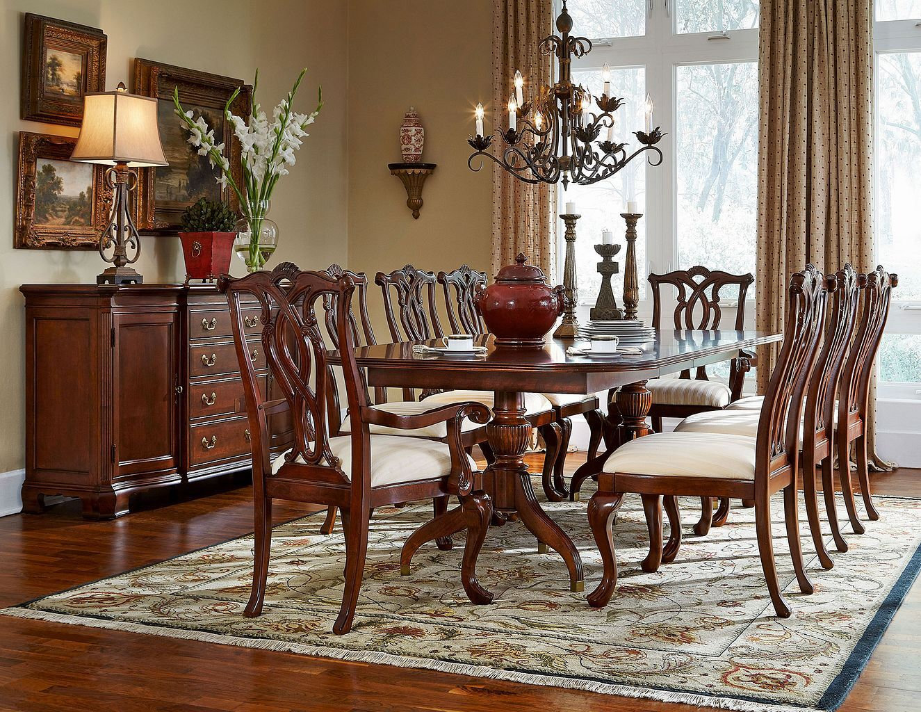Cherry Grove Rectangular Wood Extendable Pedestal Dining Table