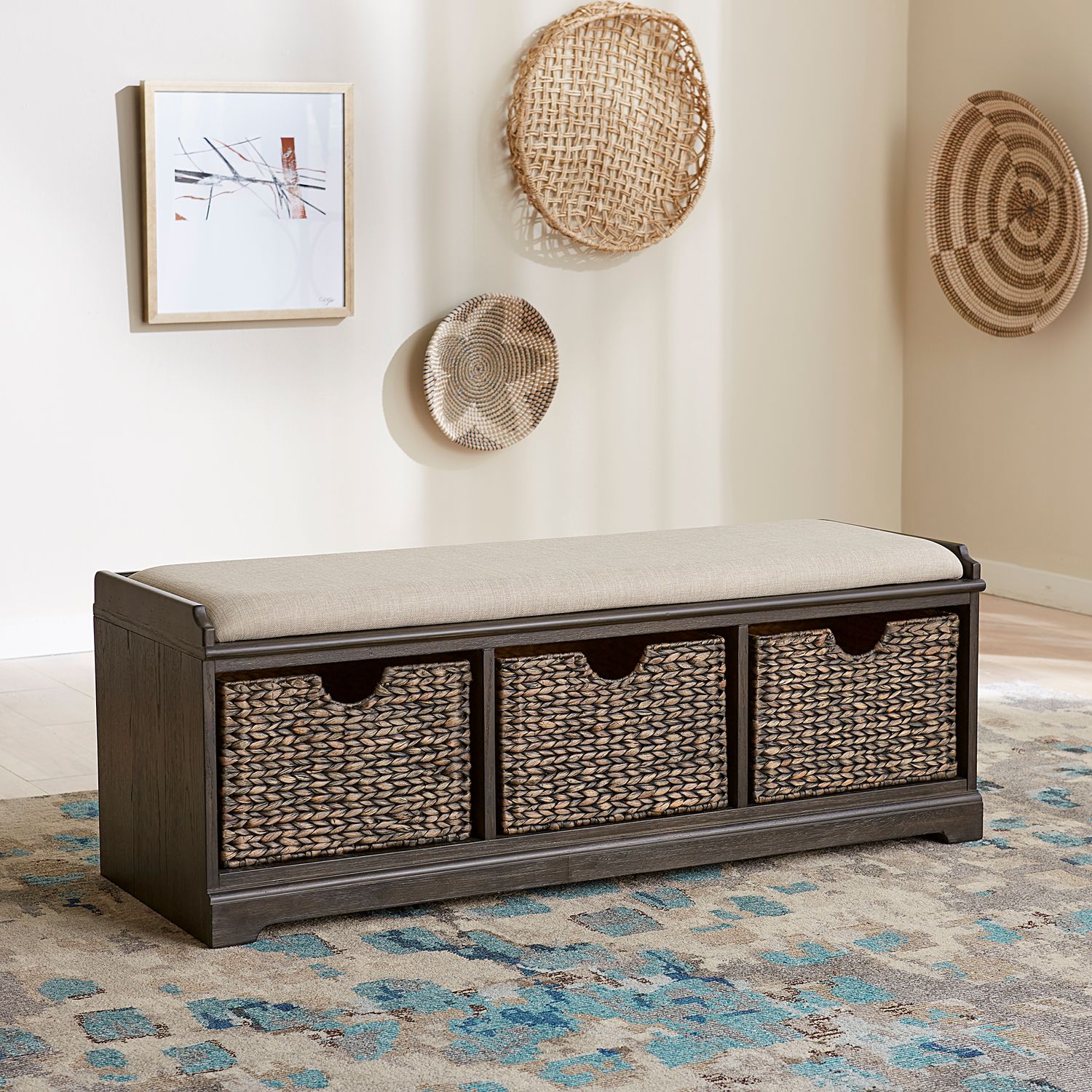 Mill Creek Linen/Wood Wall Bench w/3 Baskets