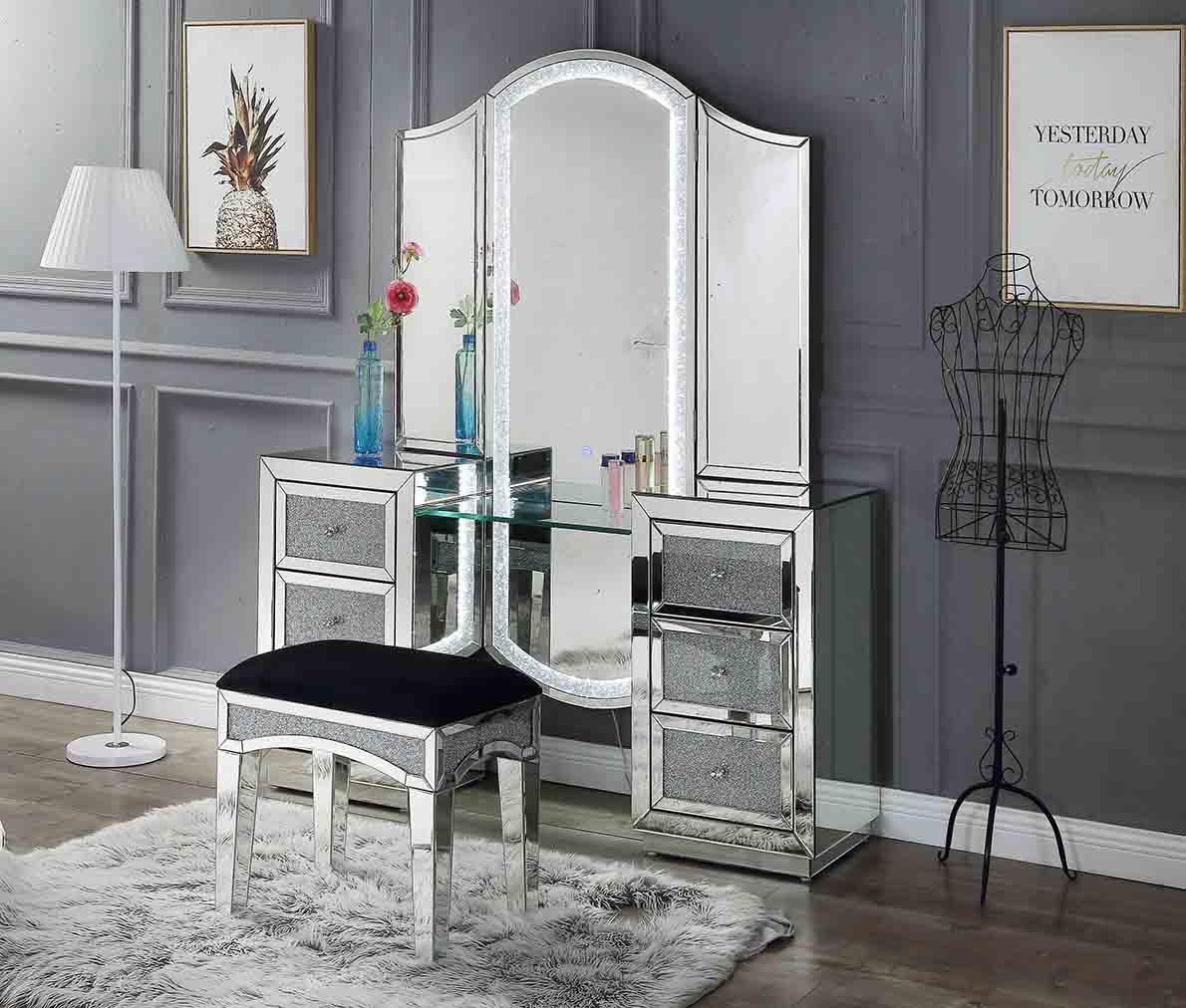 Noralie 90815 Mirrored/Faux Diamonds Vanity Desk w/ LED Light