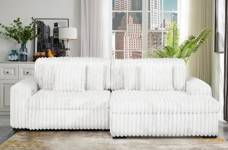 Manwah Velvet L-Shaped Sectional White Sofa