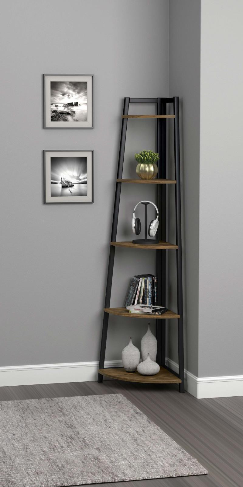 Jacksonville 5-Tier Corner Bookcase with Metal Base