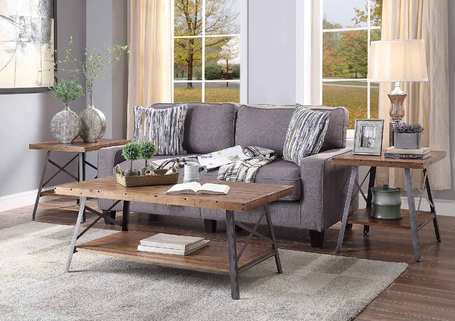 Ikram Wood/Metal Rectangular Coffee Table Set