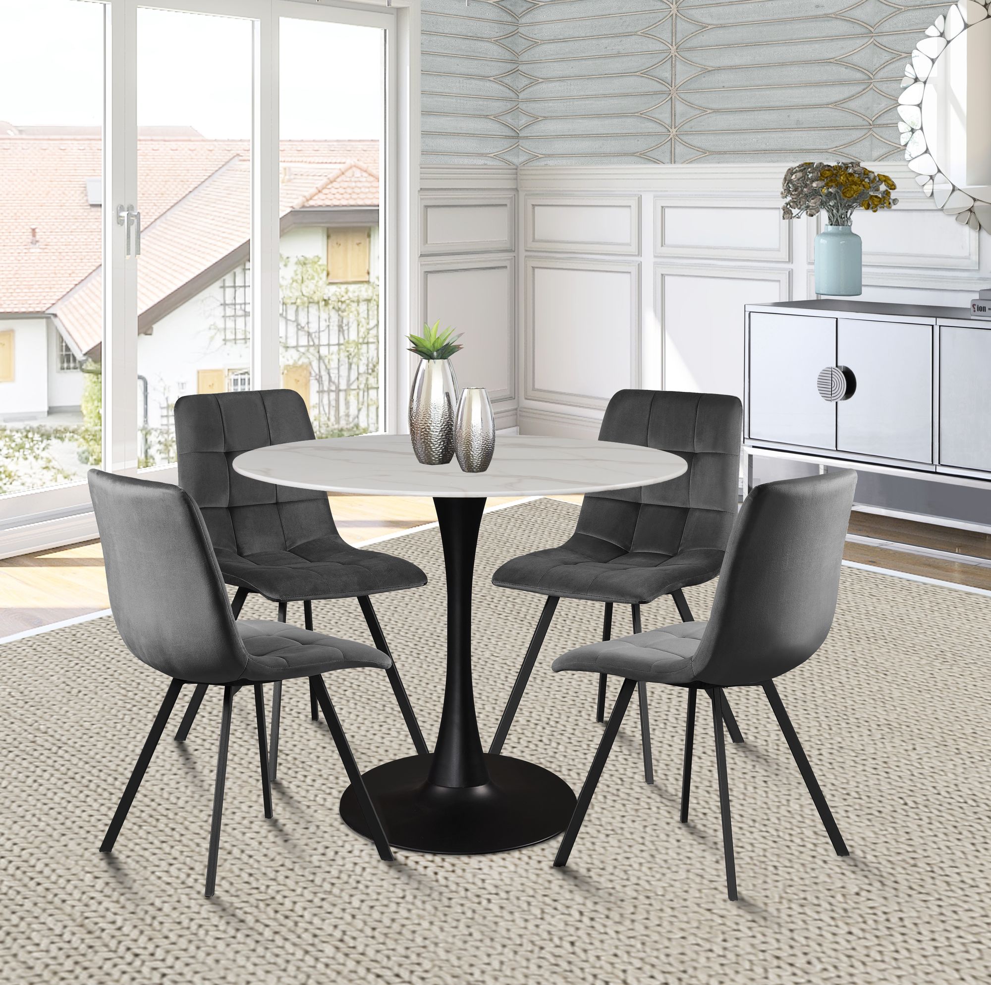 Tulip 36" Round Glass Dining Table with Matte Black Base