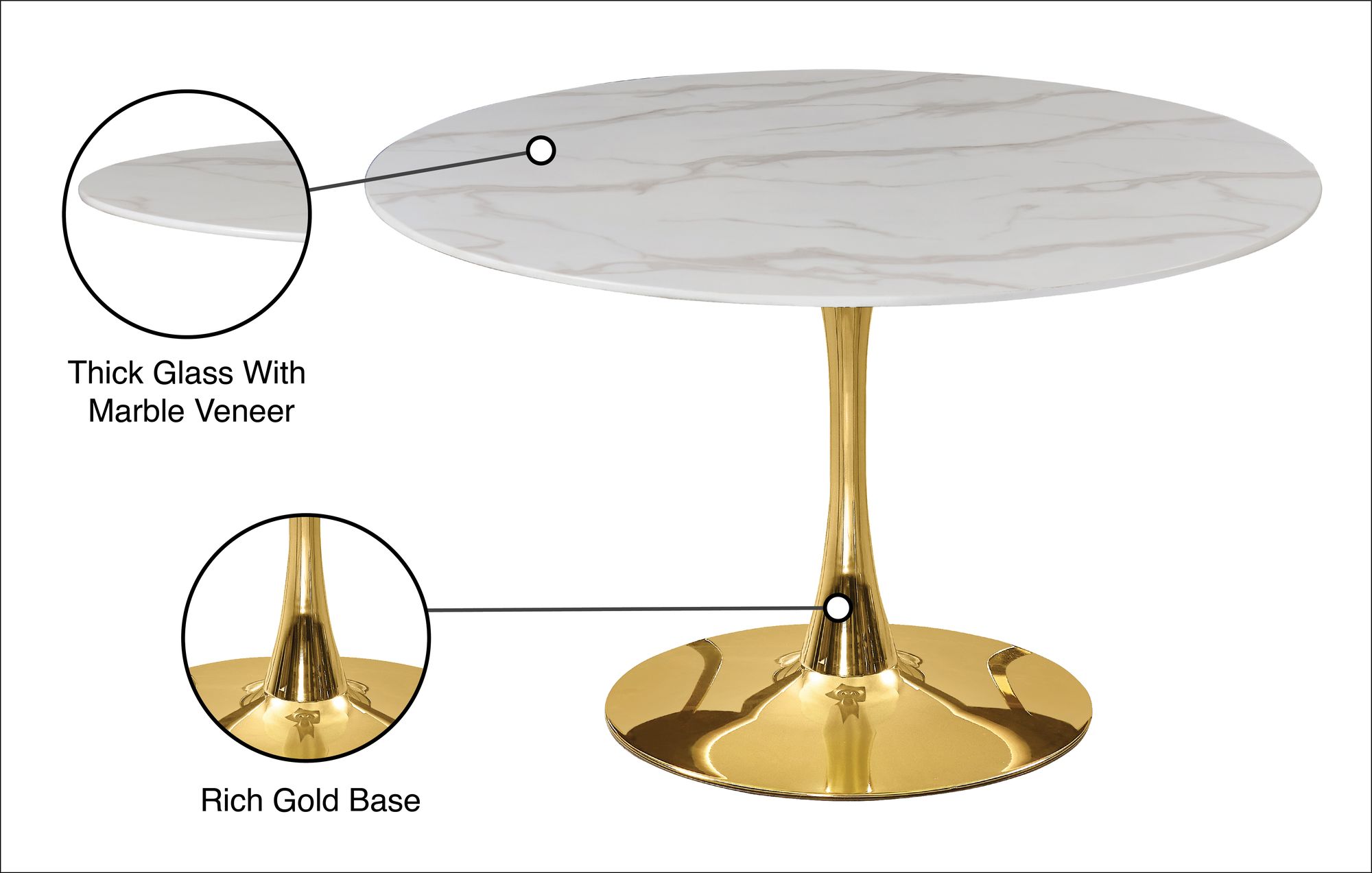 Tulip 48" Round Glass Dining Table with Gold Base