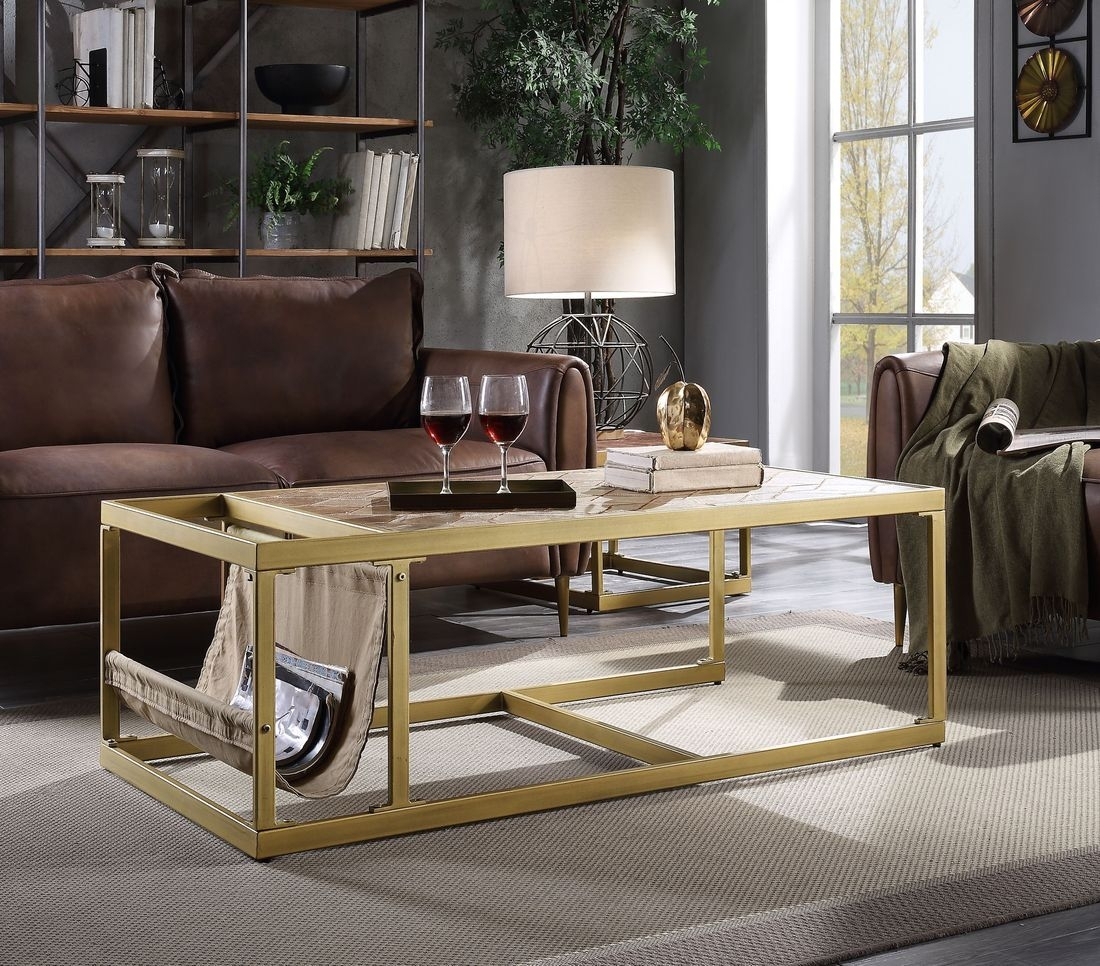 Genevieve Top Grain Leather/Metal Square Coffee Table