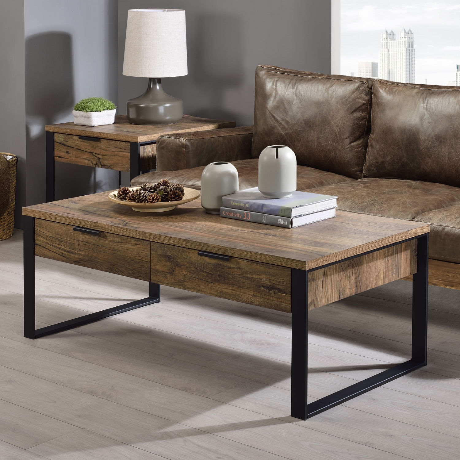 Aflo Wood/Metal Rectangular Storage Coffee Table w/2 Drawers