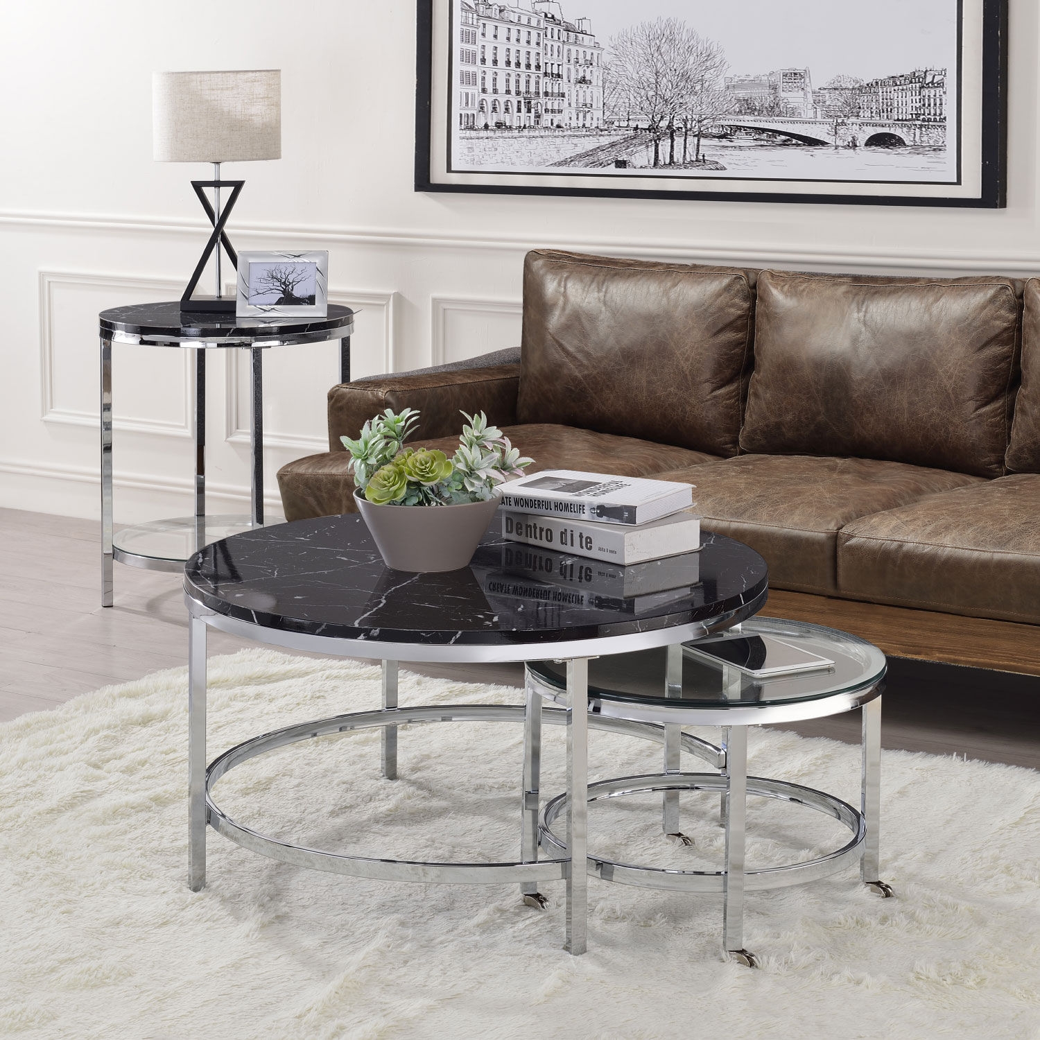 Virlana Faux Marble/Glass Round Nesting Coffee Table