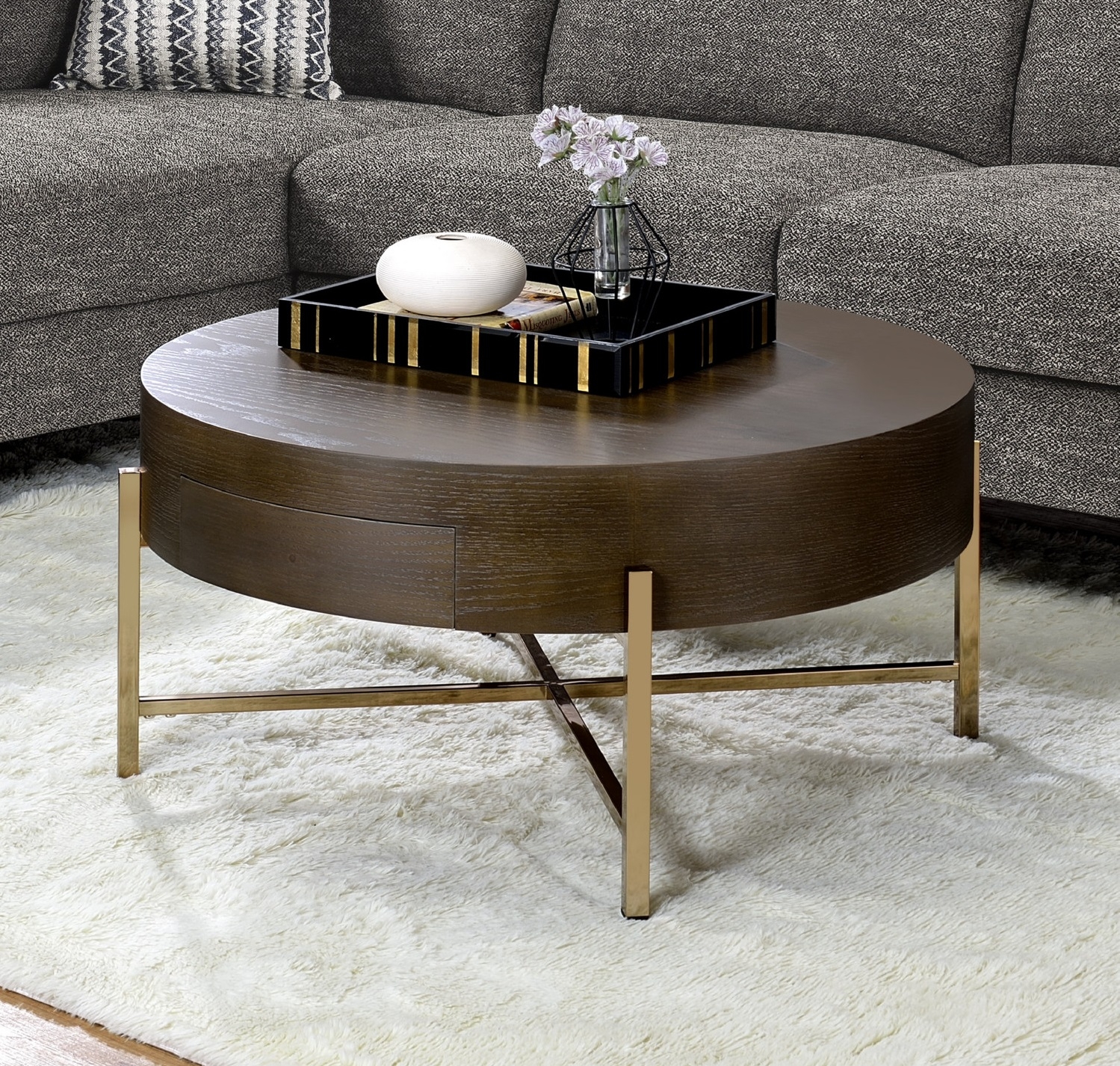 Weyton Wood/Metal Round Storage Coffee Table w/Drawer