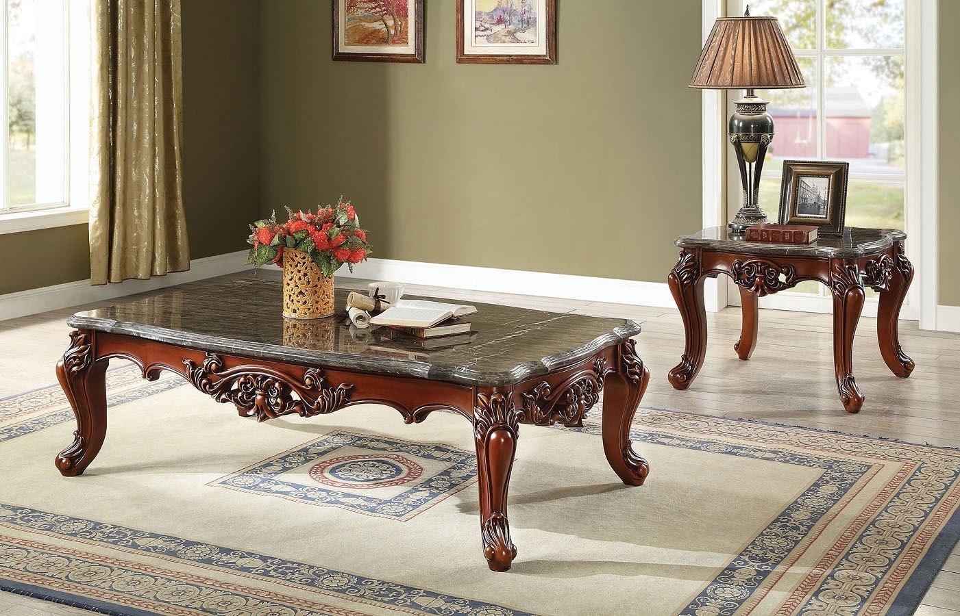 Eustoma Top Grain Leather/Wood Tufted Living Room Set