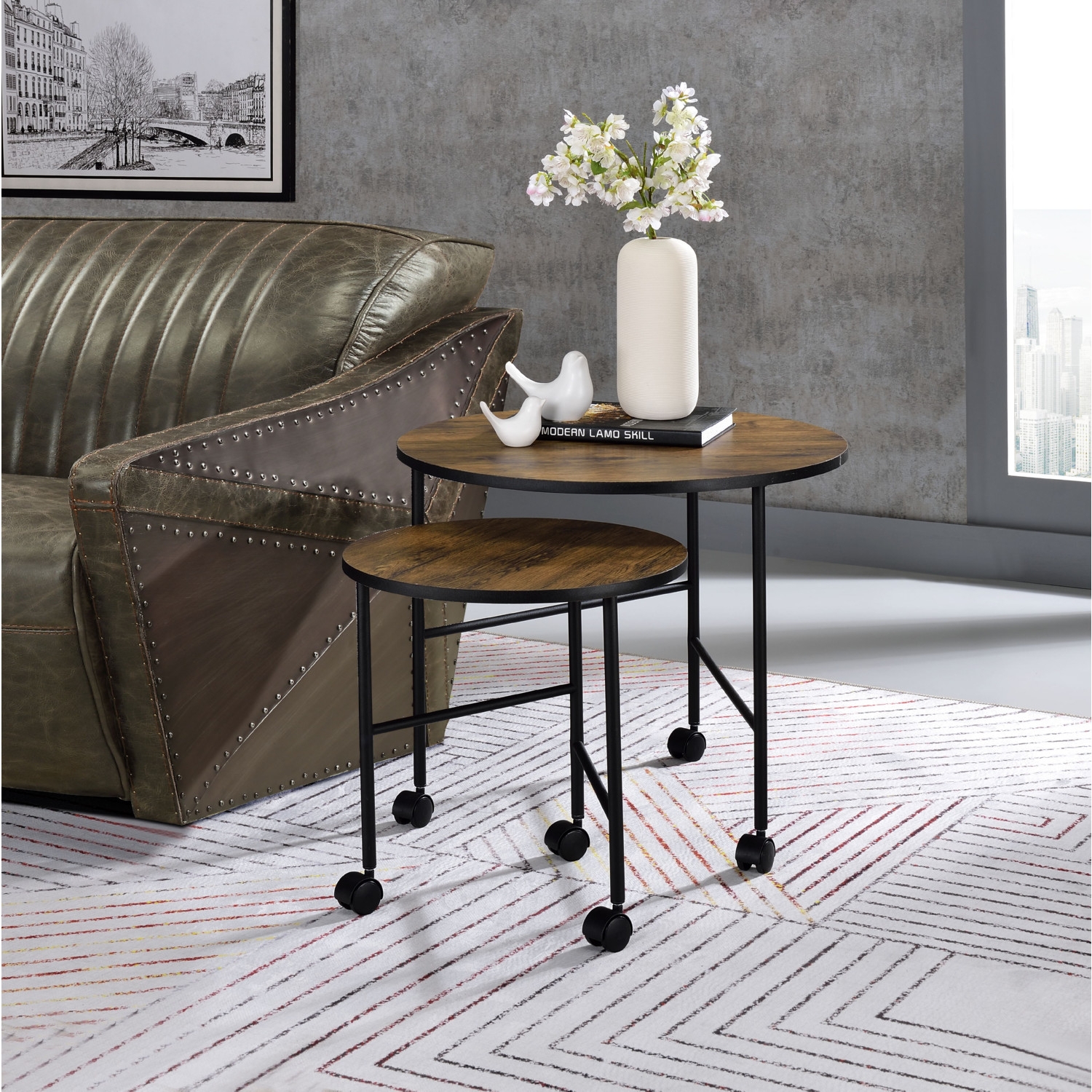 Oblis 2-Piece Wood/Metal Round Nesting Coffee Table w/Castors