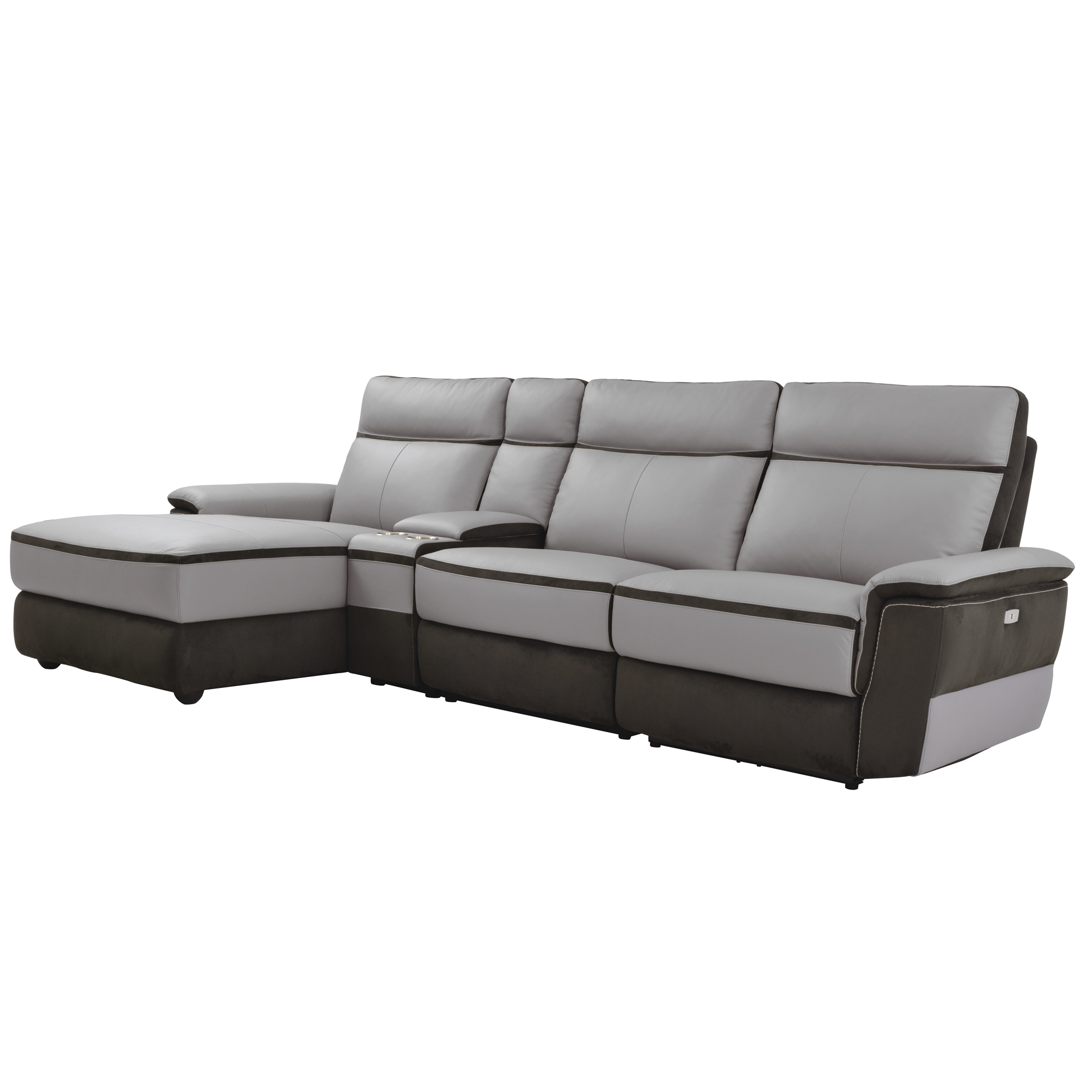 Laertes 4-Piece Leather/Fabric Power Reclining Sectional, Left Chaise Facing