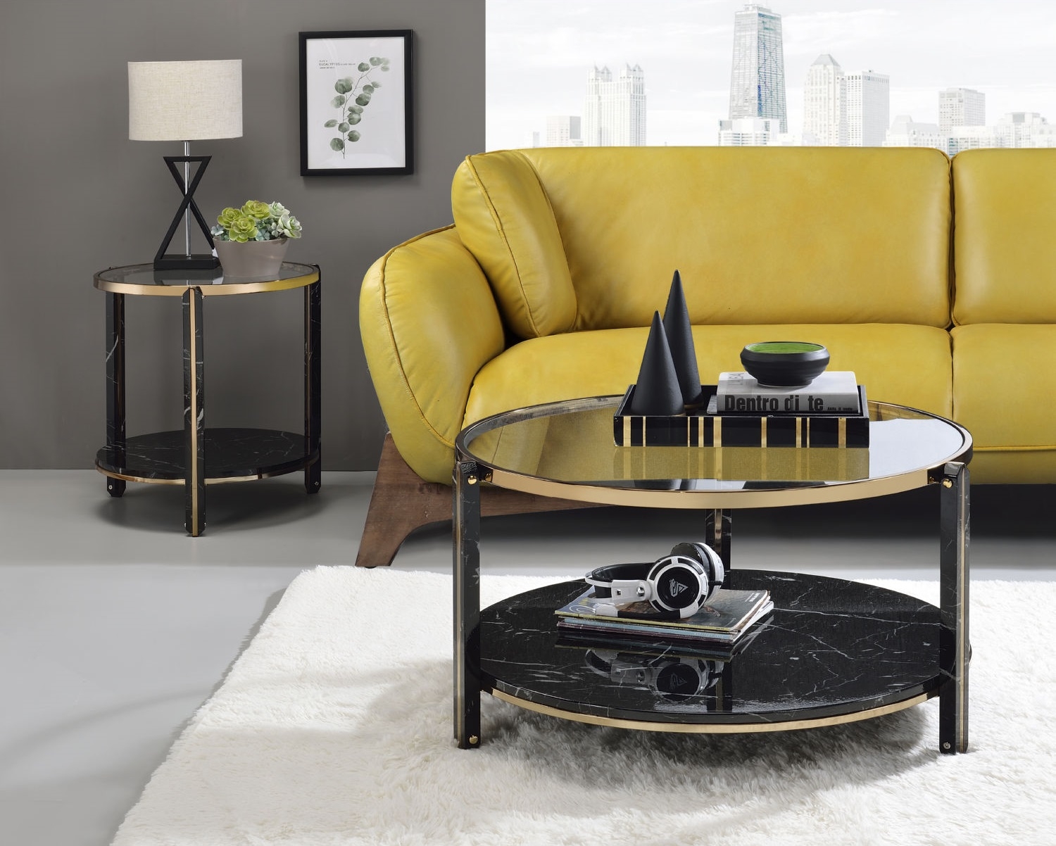 Thistle Glass/Faux Marble Round End Table