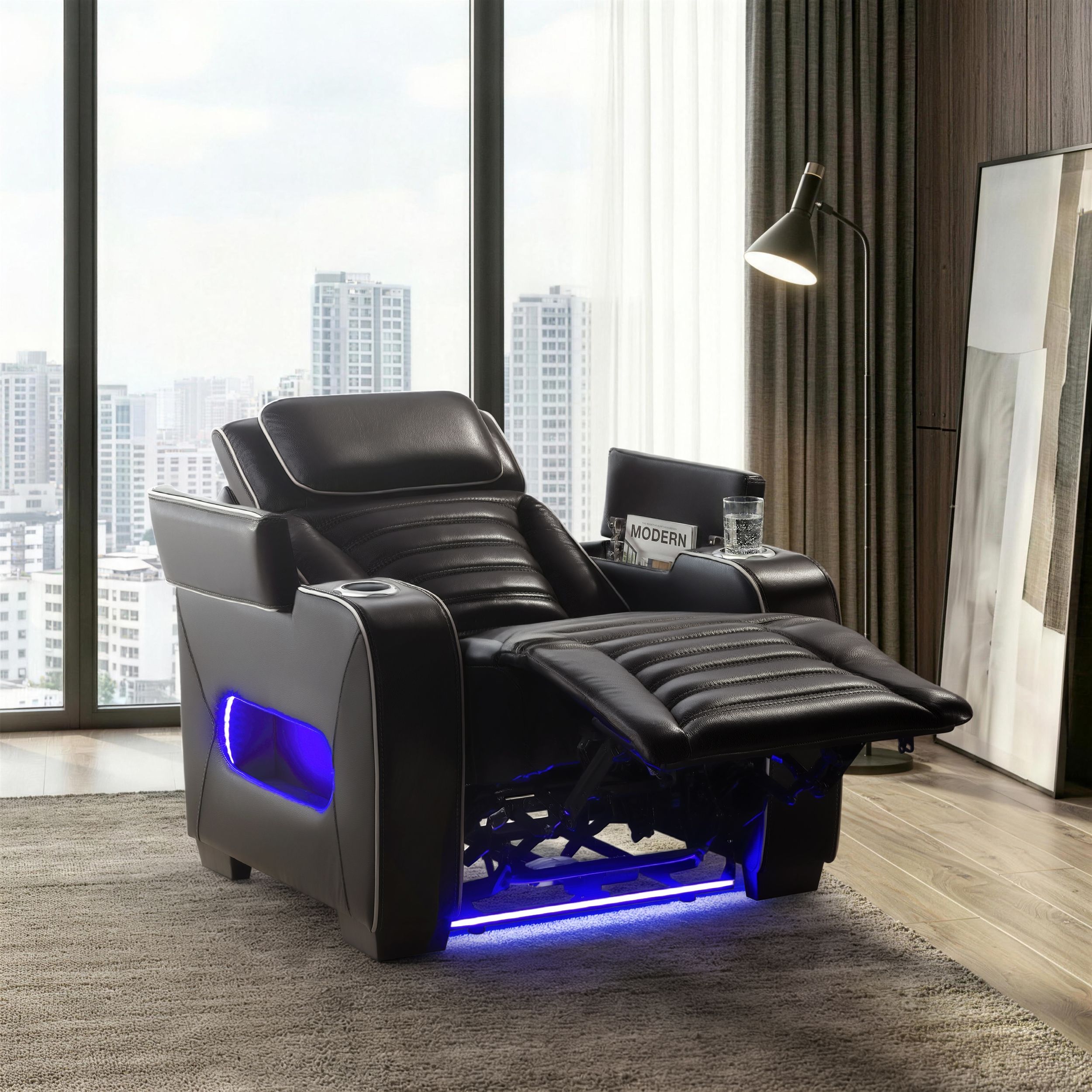 Cyber Leather Power Reclining Chair with LED Lighting & Air Massage