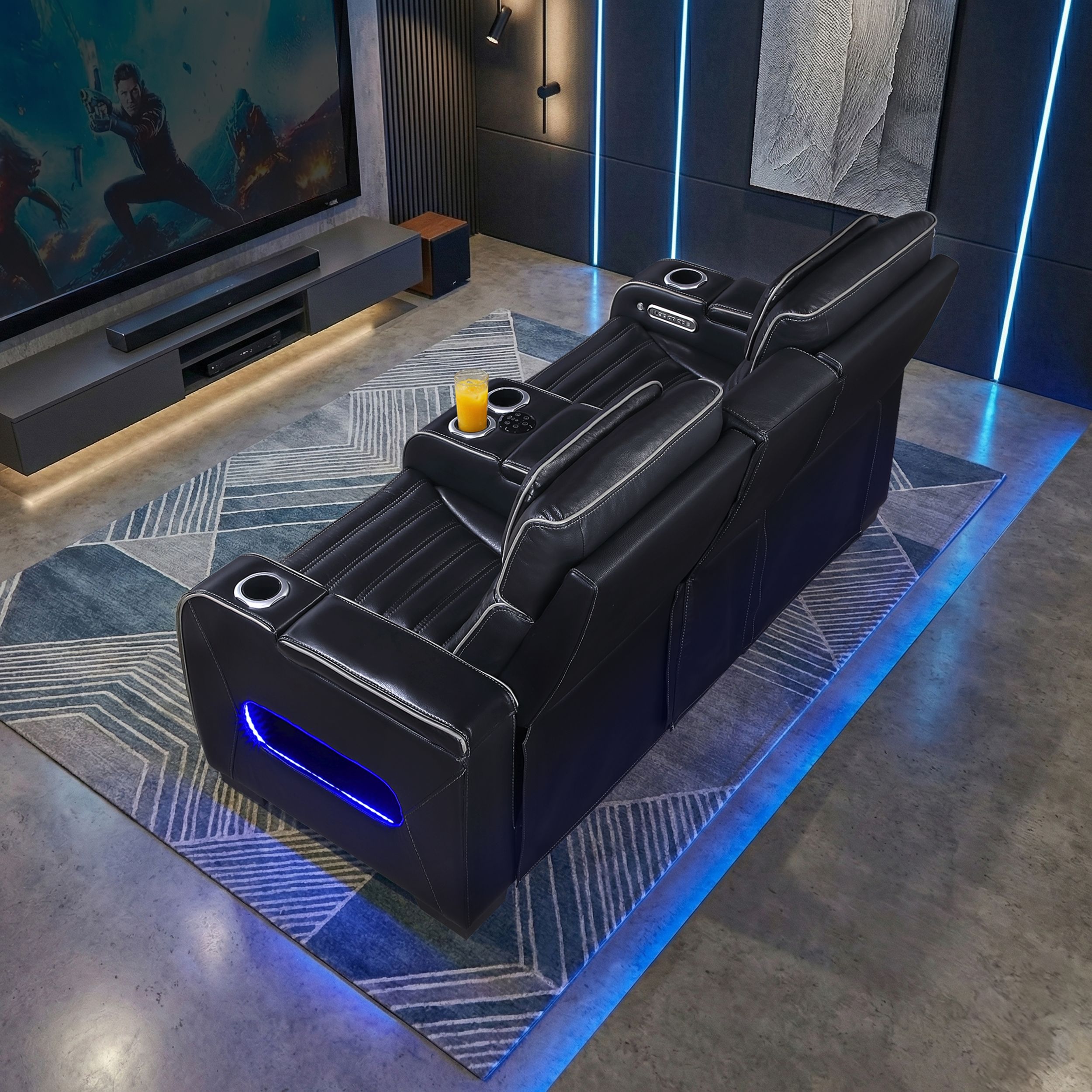 Cyber Leather Power Double Reclining Living Room Set with LED Lighting & Air Massage