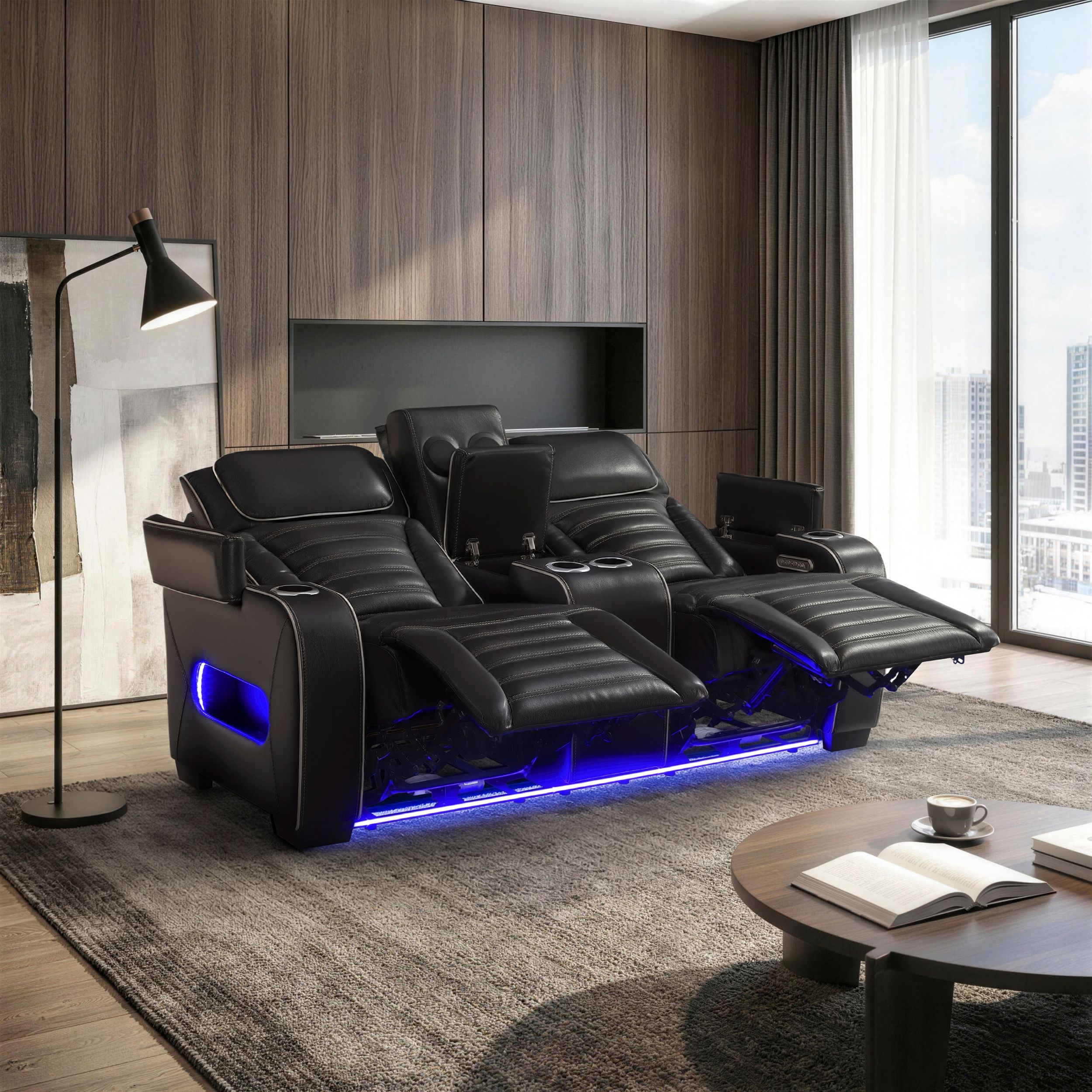 Cyber Leather Power Double Reclining Living Room Set with LED Lighting & Air Massage