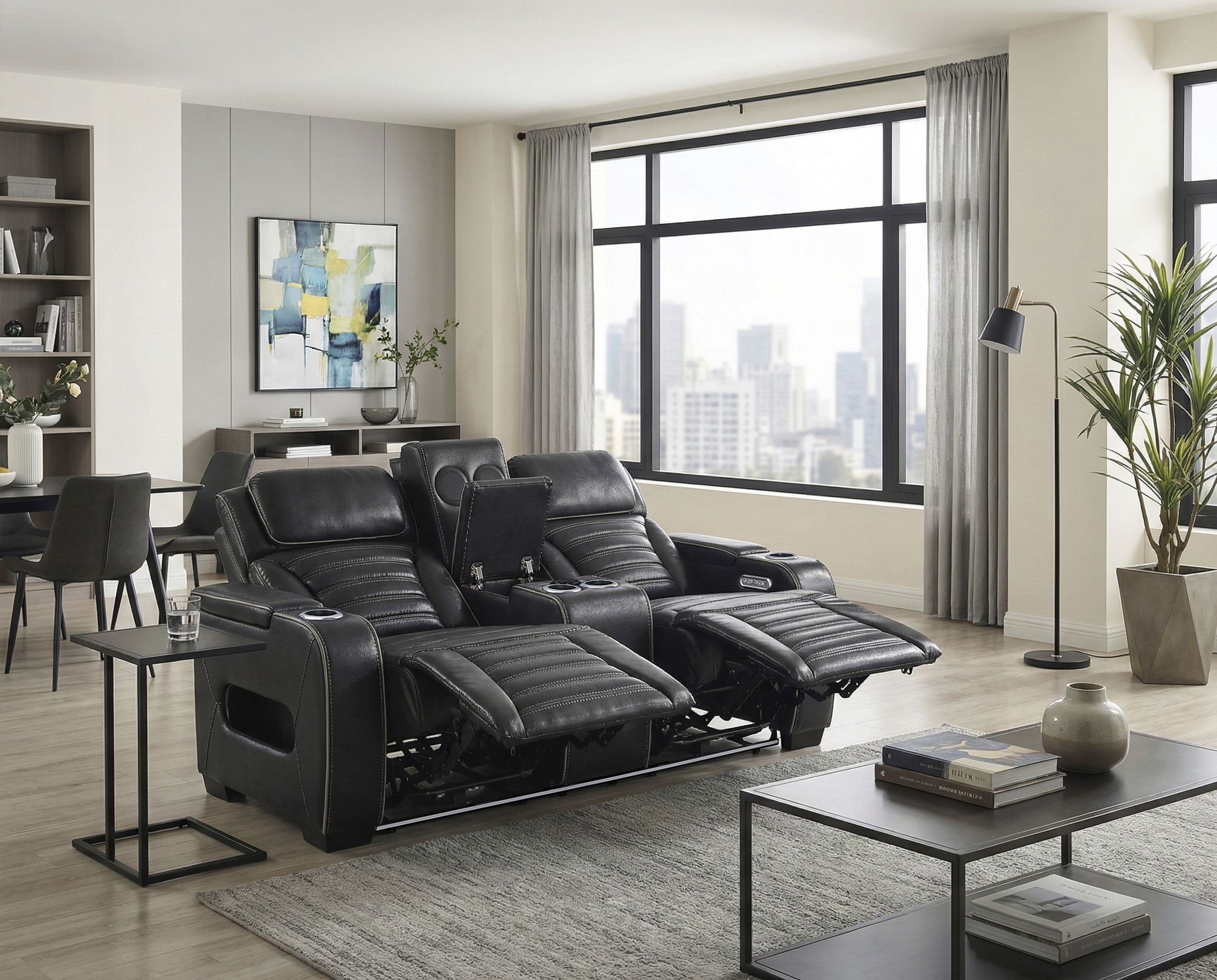 Cyber Leather Power Double Reclining Living Room Set with LED Lighting & Air Massage