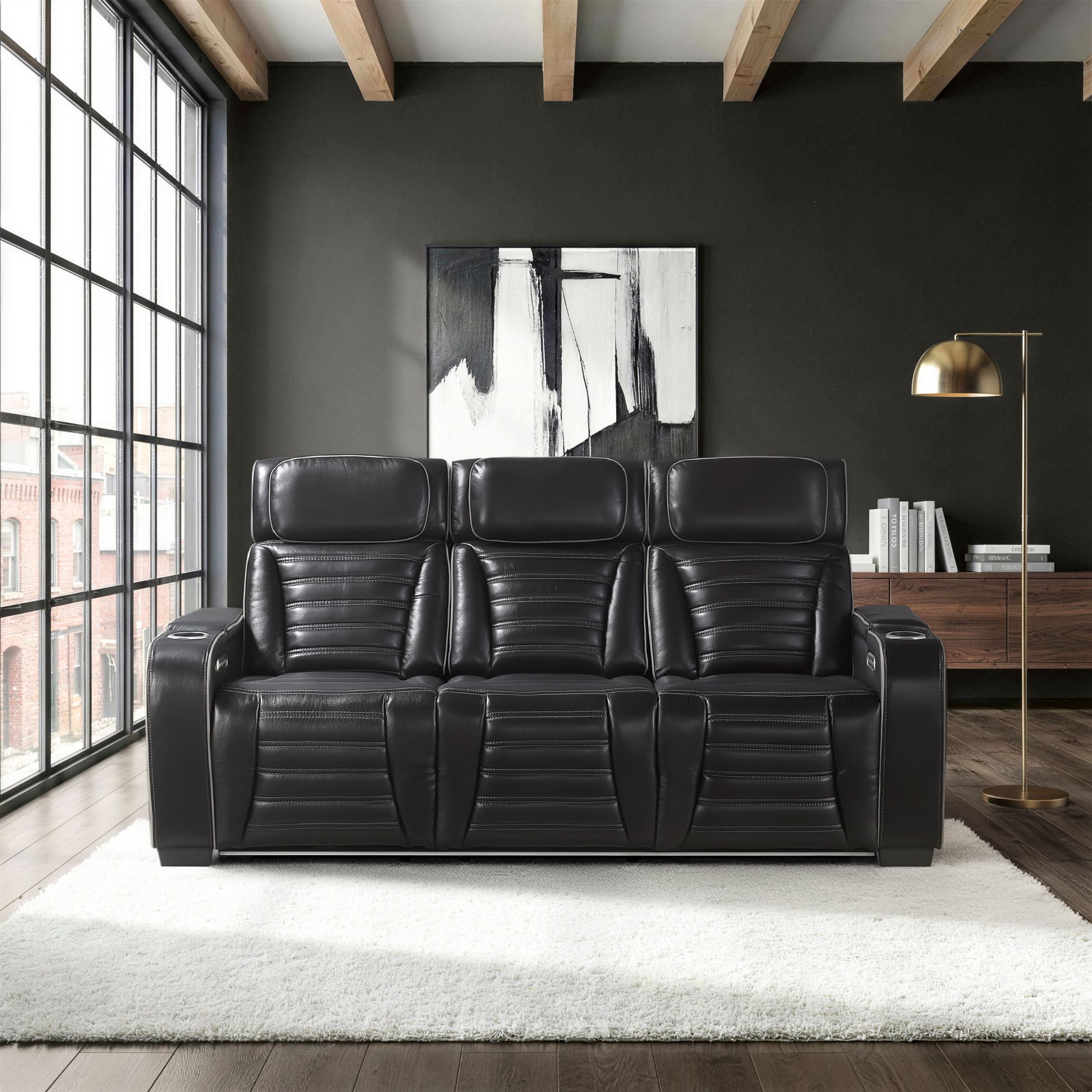 Cyber Leather Power Double Reclining Sofa with LED Lighting & Air Massage