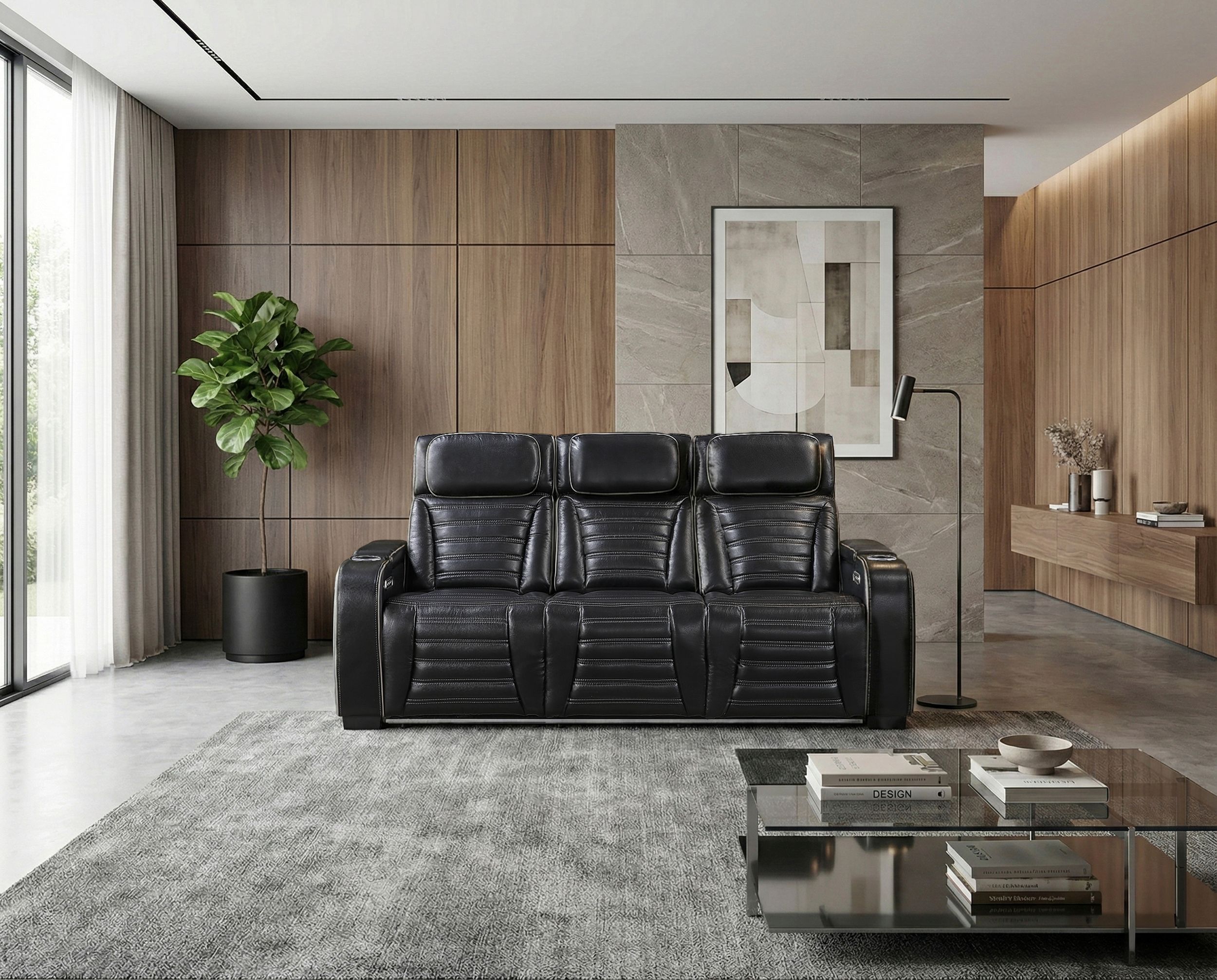 Cyber Leather Power Double Reclining Sofa with LED Lighting & Air Massage
