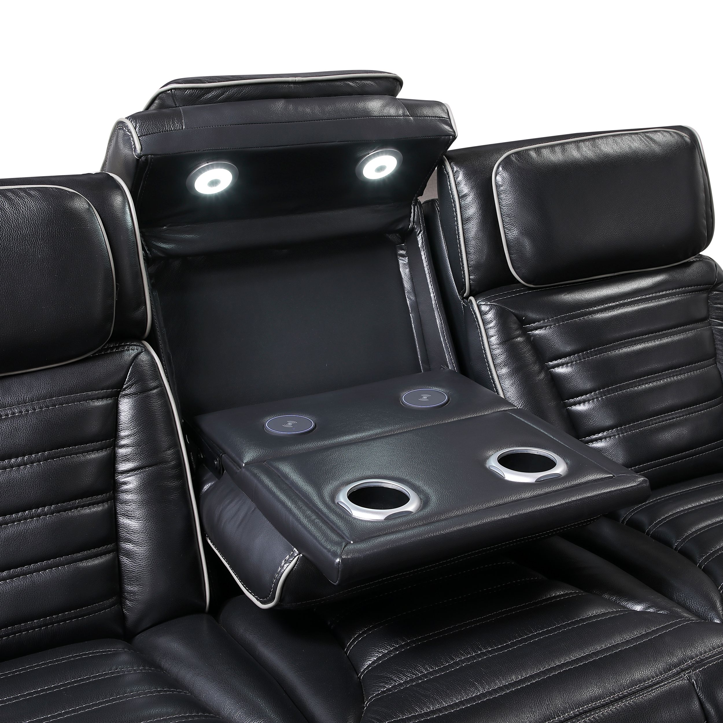 Cyber Leather Power Double Reclining Sofa with LED Lighting & Air Massage