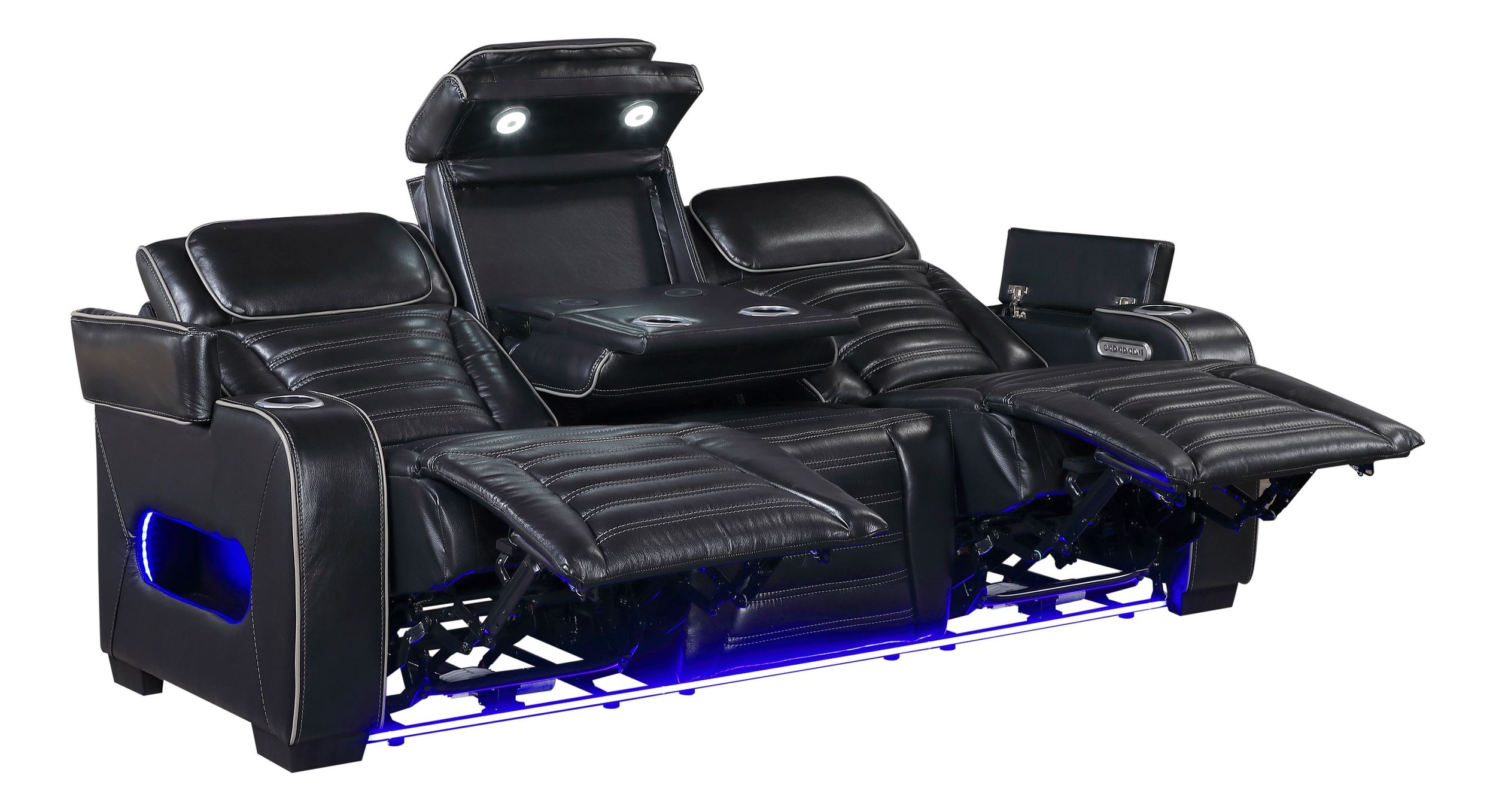 Cyber Leather Power Double Reclining Sofa with LED Lighting & Air Massage