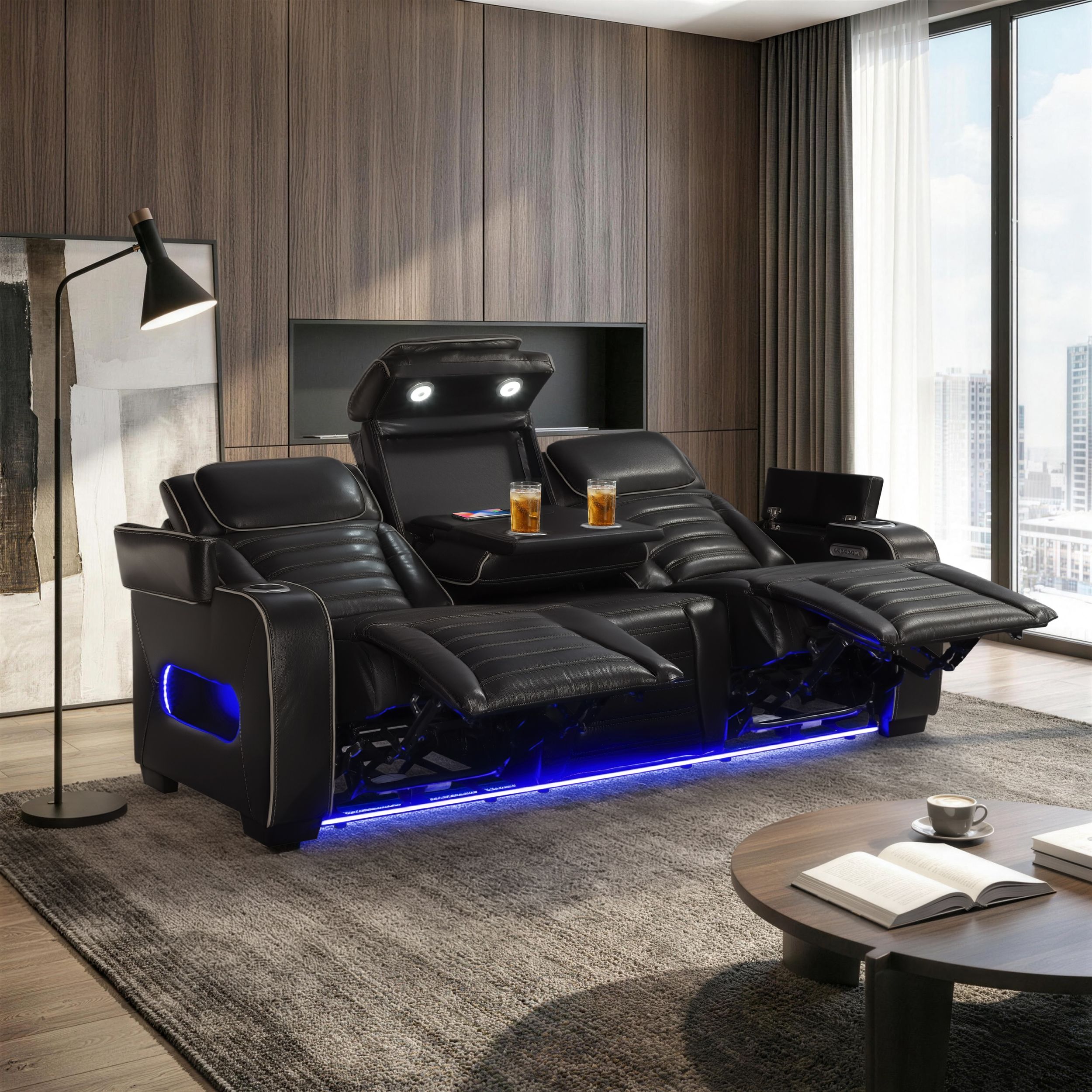 Cyber Leather Power Double Reclining Sofa with LED Lighting & Air Massage