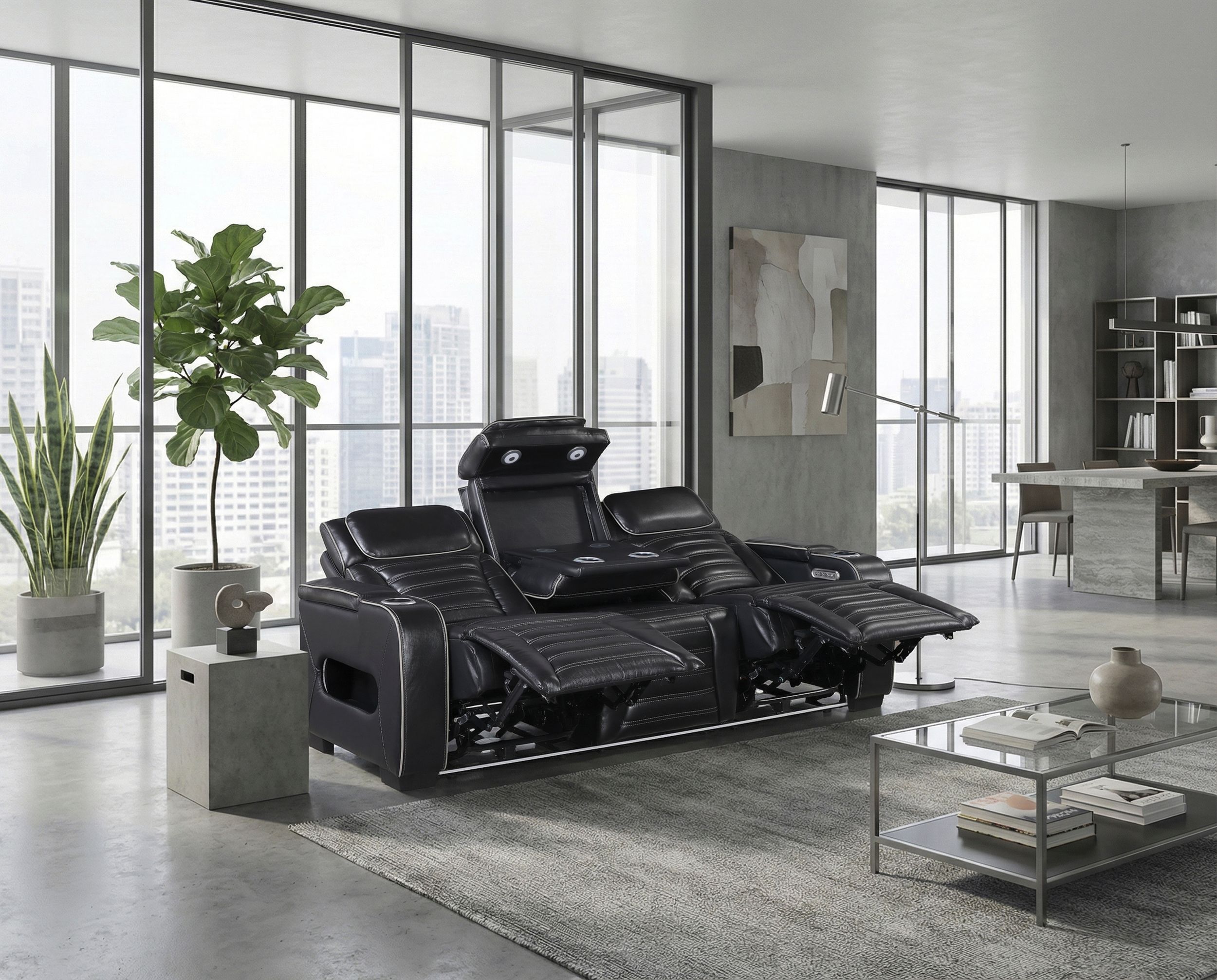 Cyber Leather Power Double Reclining Sofa with LED Lighting & Air Massage