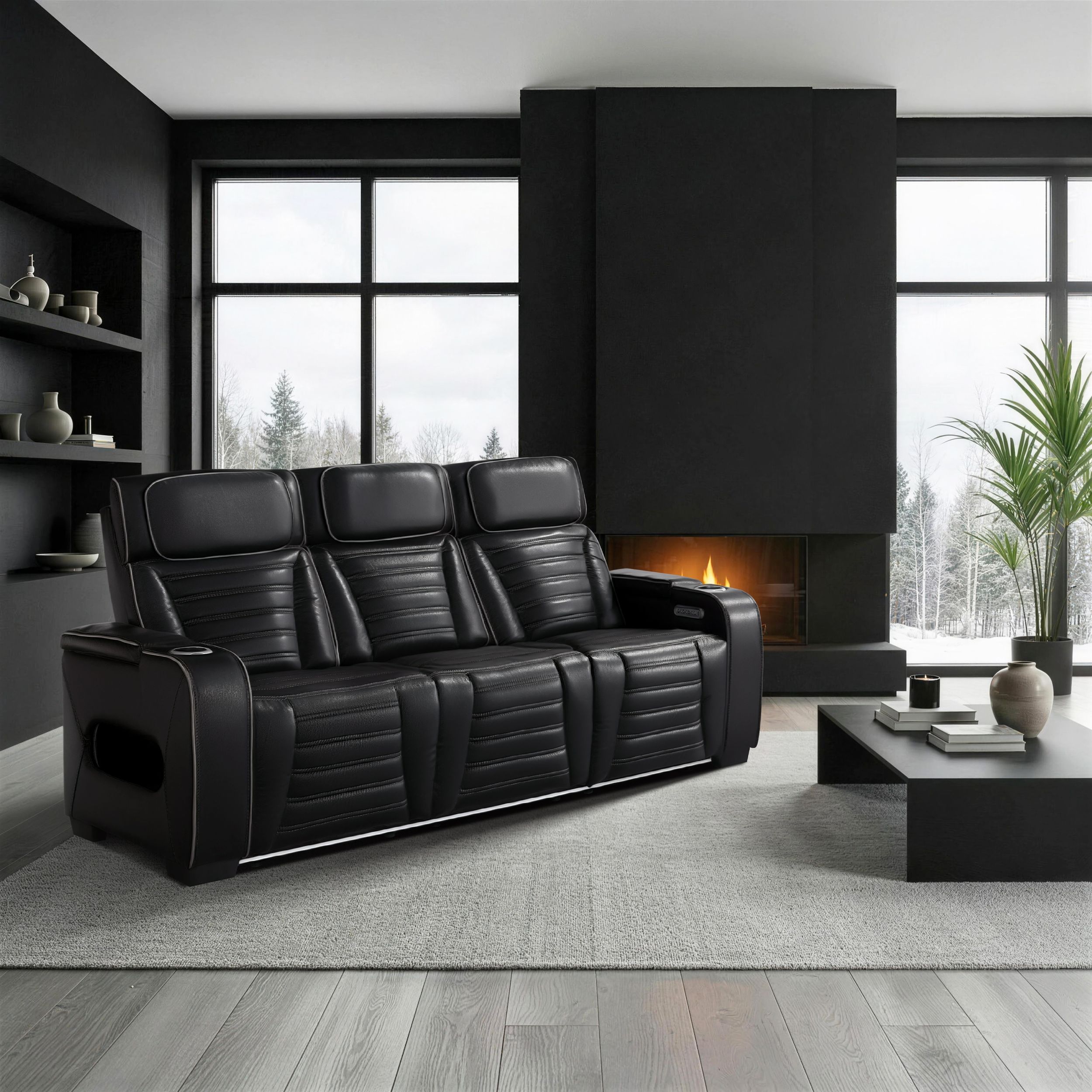 Cyber Leather Power Double Reclining Sofa with LED Lighting & Air Massage