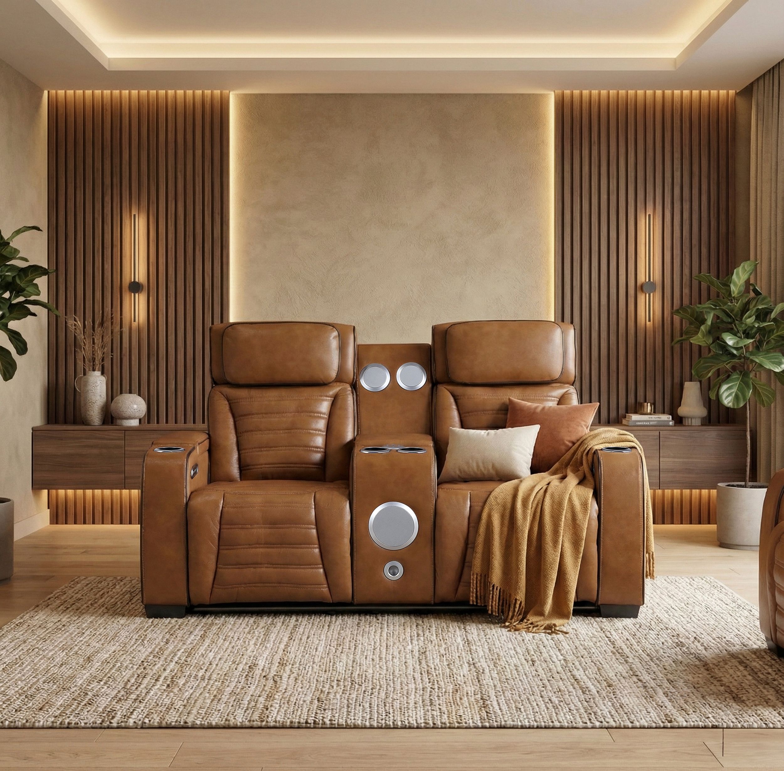 Cyber Leather Power Double Reclining Loveseat with Center Console, LED Lighting, Speakers & Air Massage