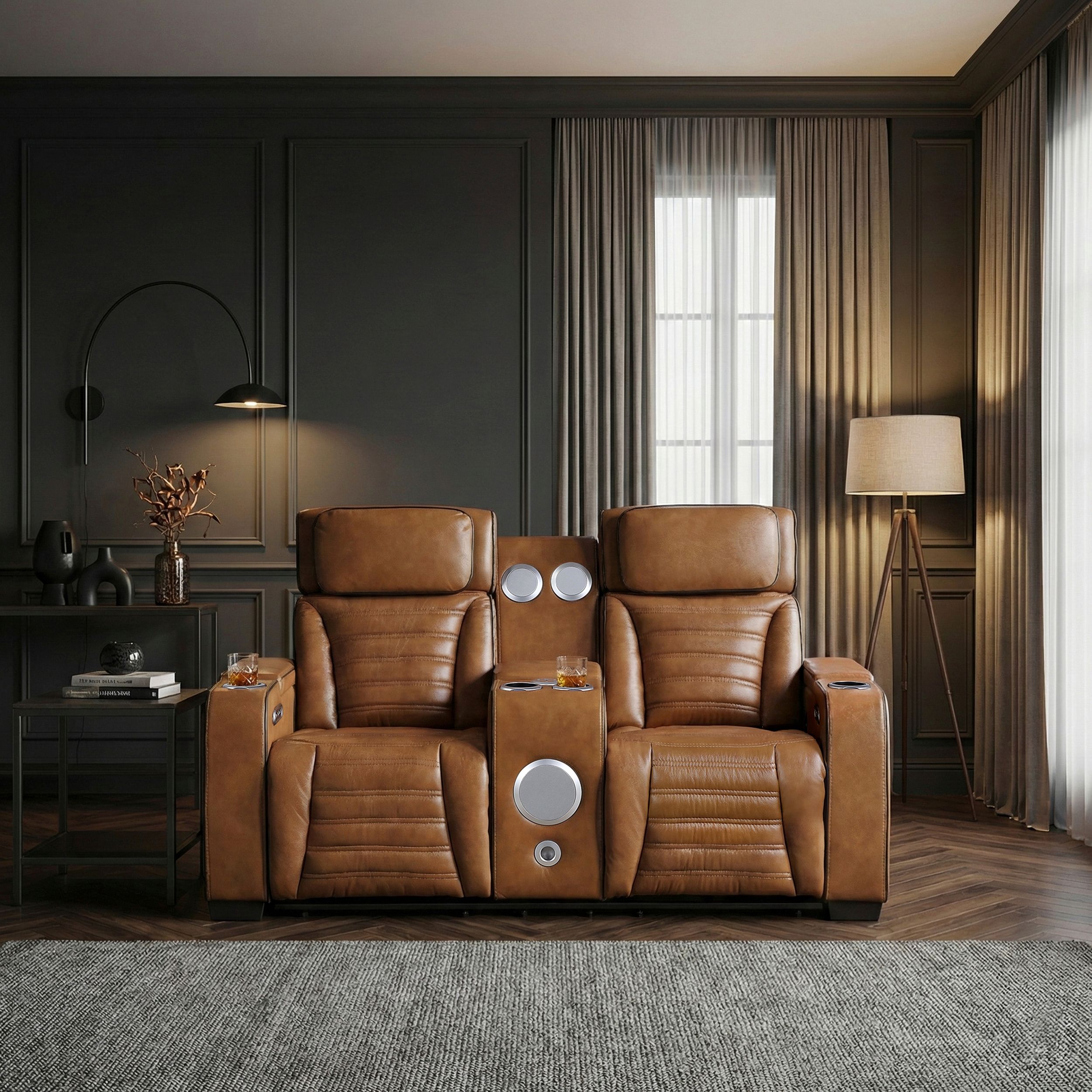 Cyber Leather Power Double Reclining Loveseat with Center Console, LED Lighting, Speakers & Air Massage