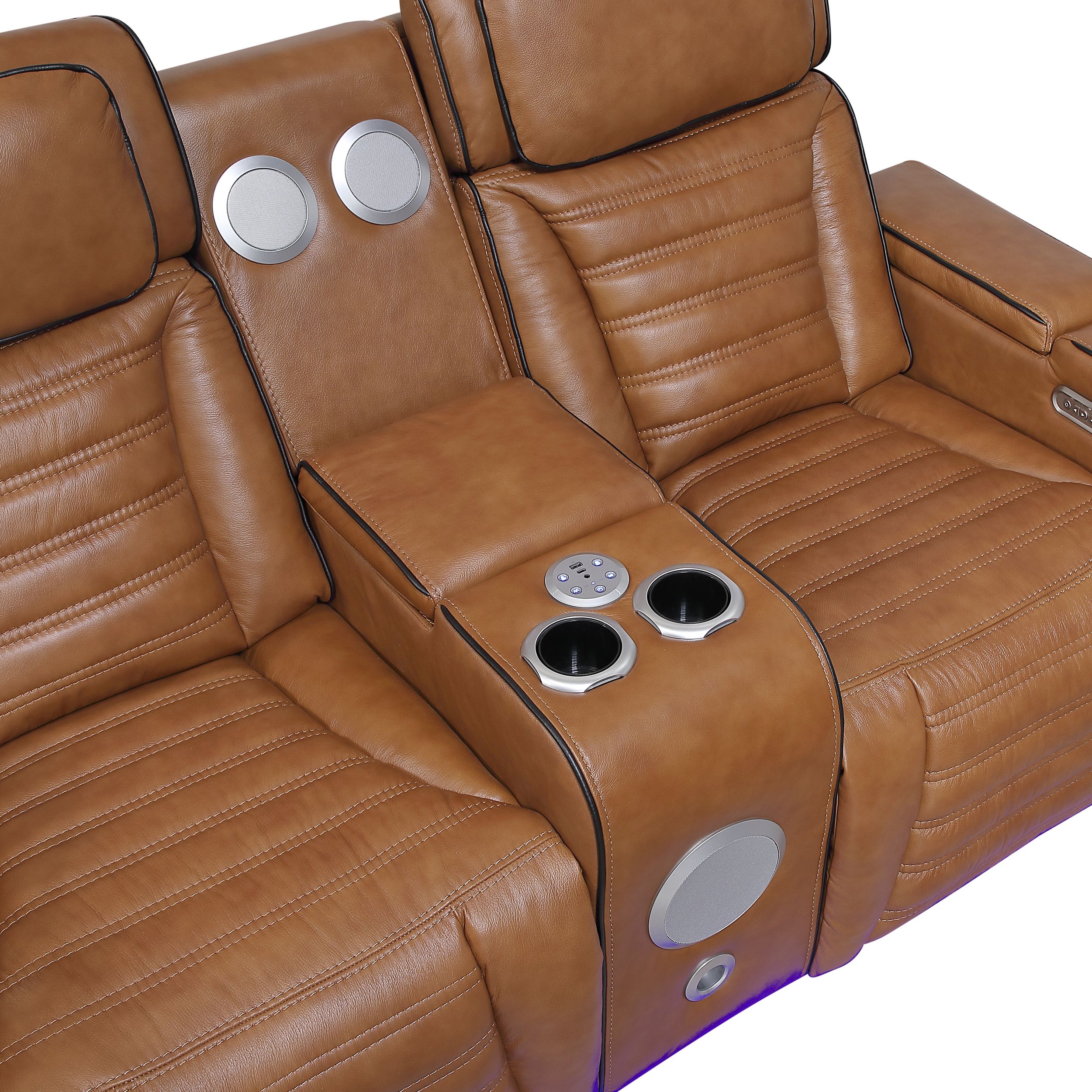 Cyber Leather Power Double Reclining Loveseat with Center Console, LED Lighting, Speakers & Air Massage