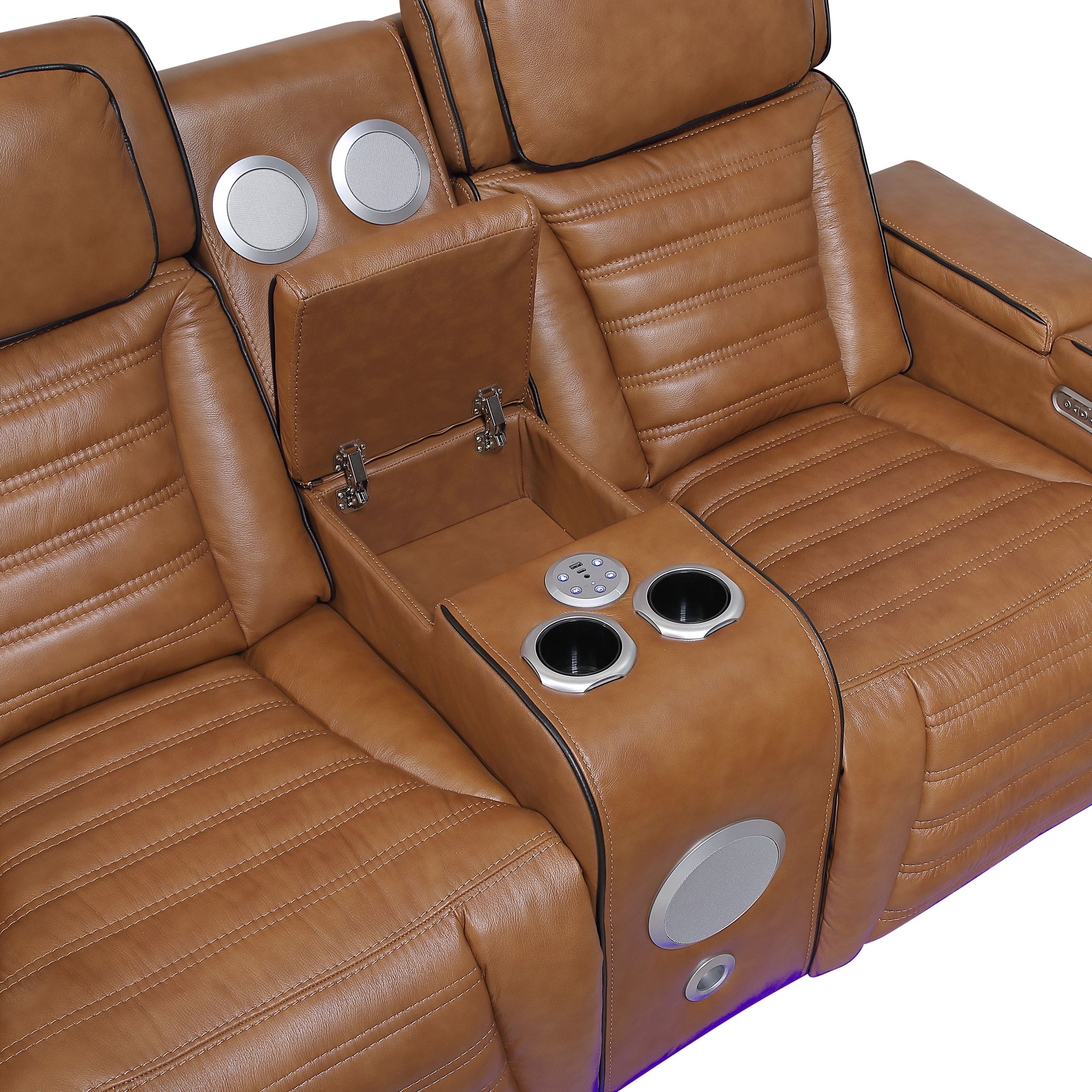 Cyber Leather Power Double Reclining Loveseat with Center Console, LED Lighting, Speakers & Air Massage
