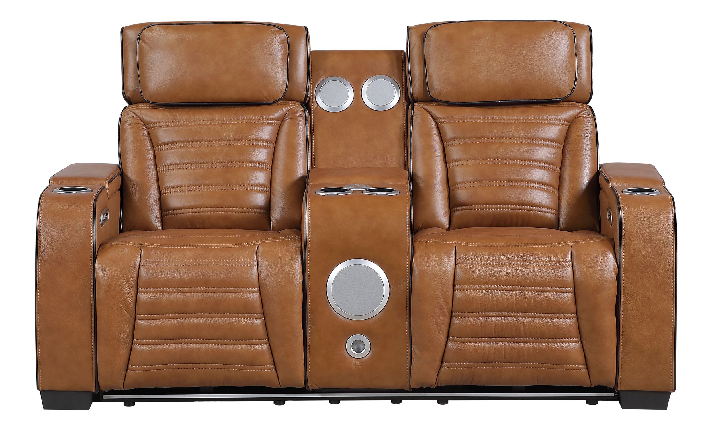 Cyber Leather Power Double Reclining Loveseat with Center Console, LED Lighting, Speakers & Air Massage