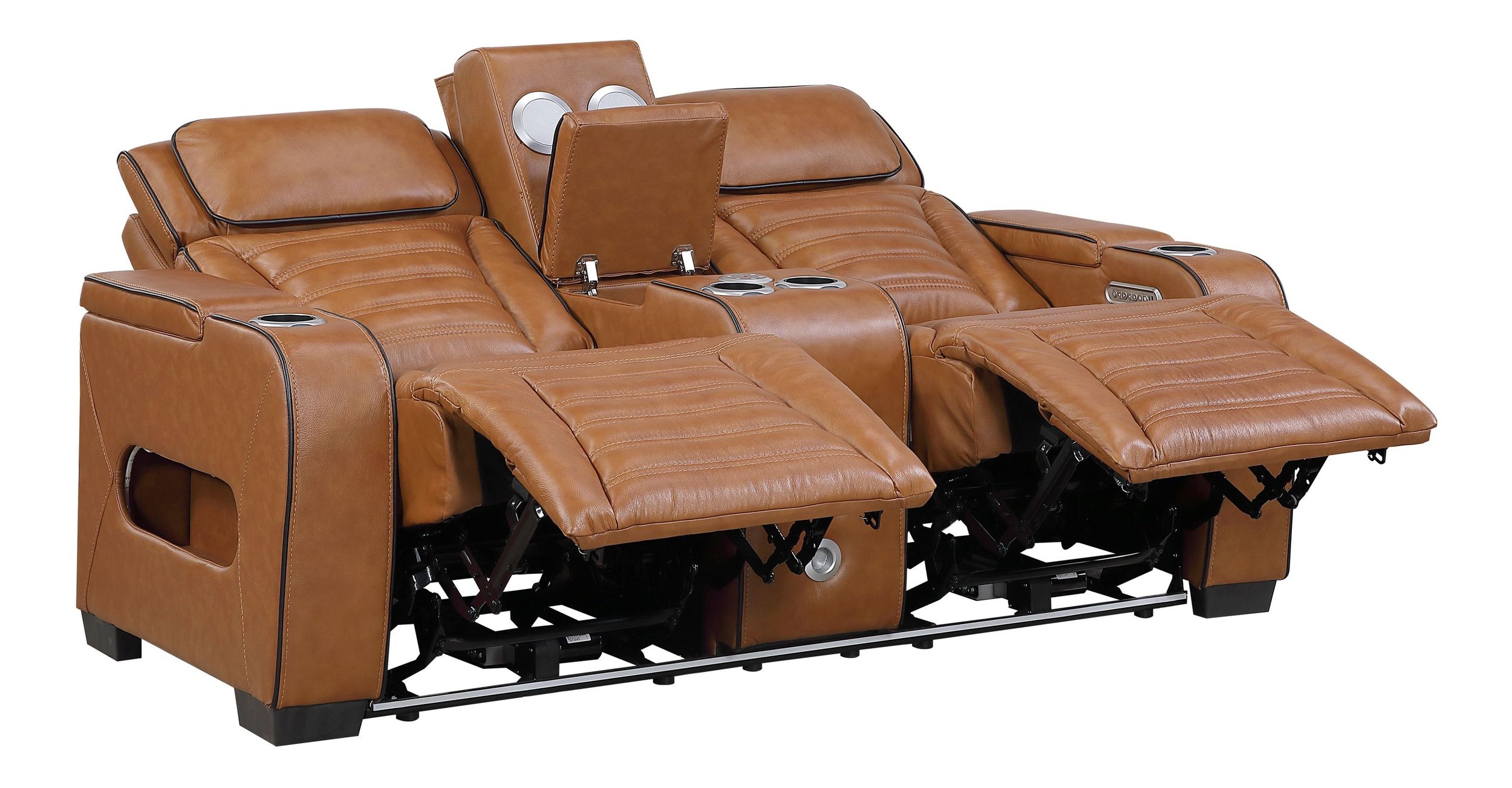 Cyber Leather Power Double Reclining Loveseat with Center Console, LED Lighting, Speakers & Air Massage