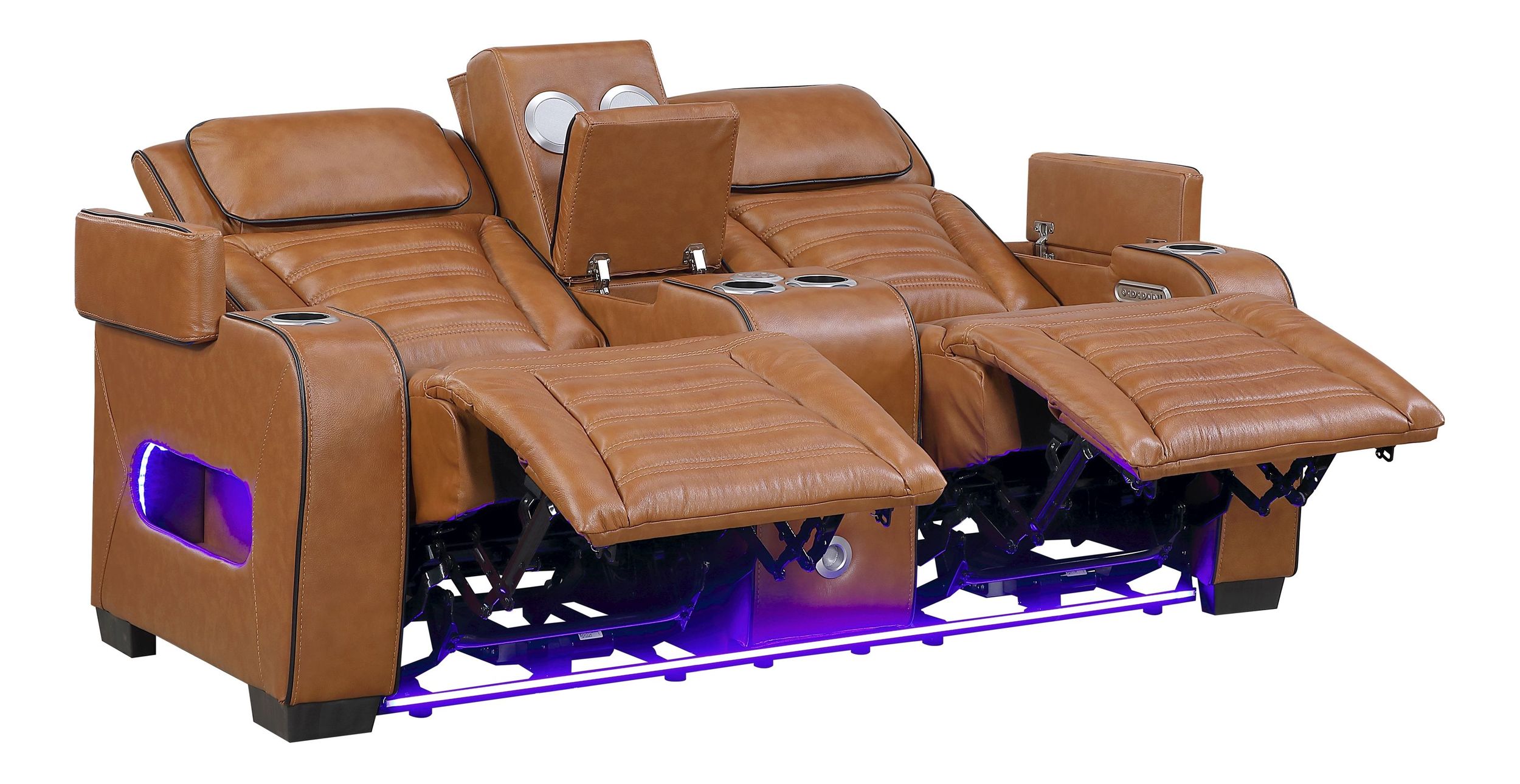 Cyber Leather Power Double Reclining Loveseat with Center Console, LED Lighting, Speakers & Air Massage