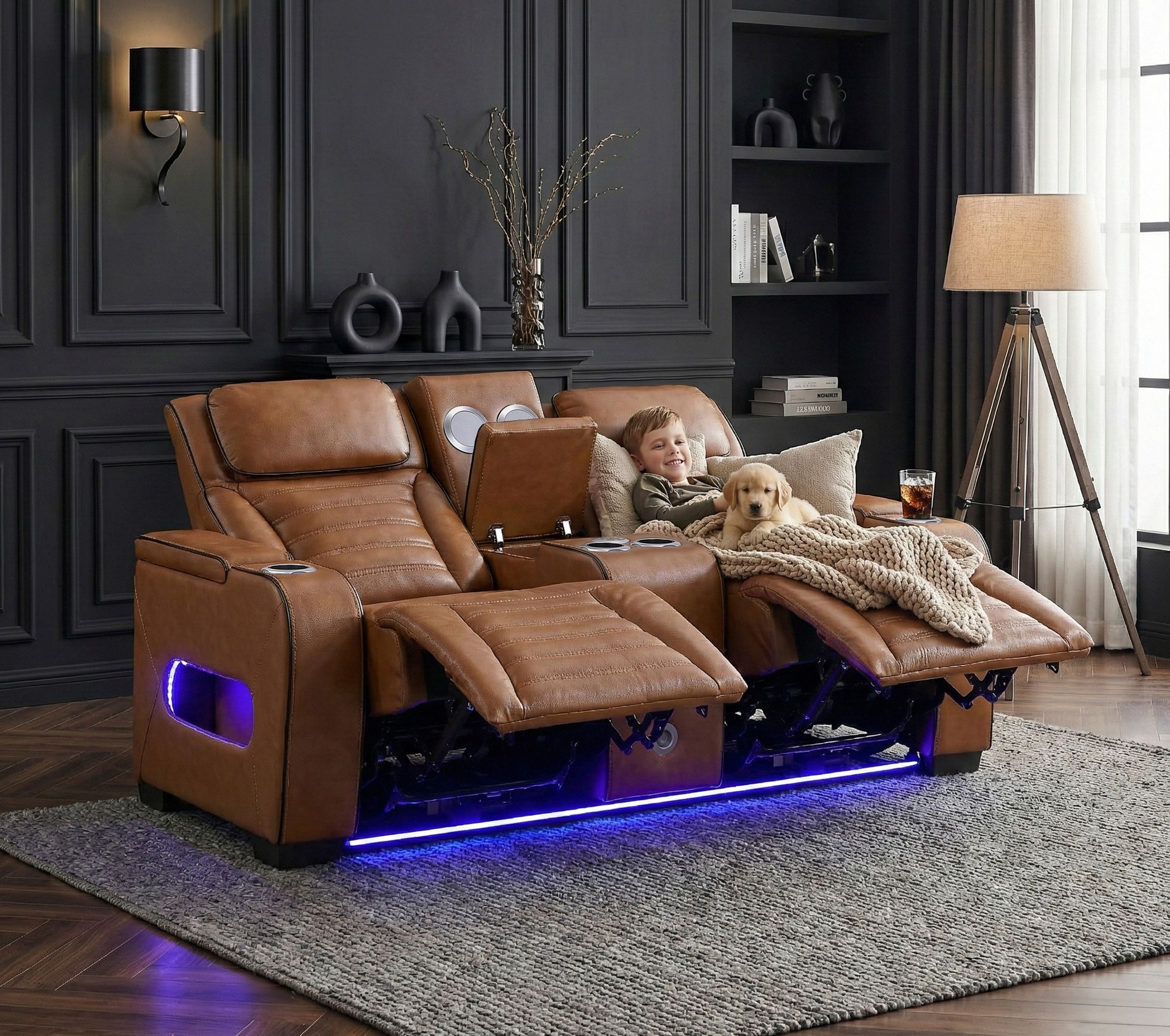 Cyber Leather Power Double Reclining Loveseat with Center Console, LED Lighting, Speakers & Air Massage