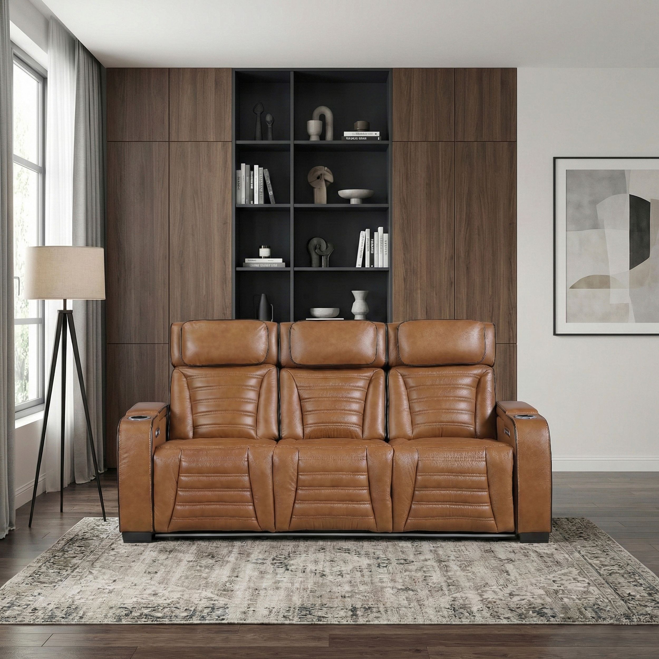 Cyber Leather Power Double Reclining Sofa with LED Lighting & Air Massage