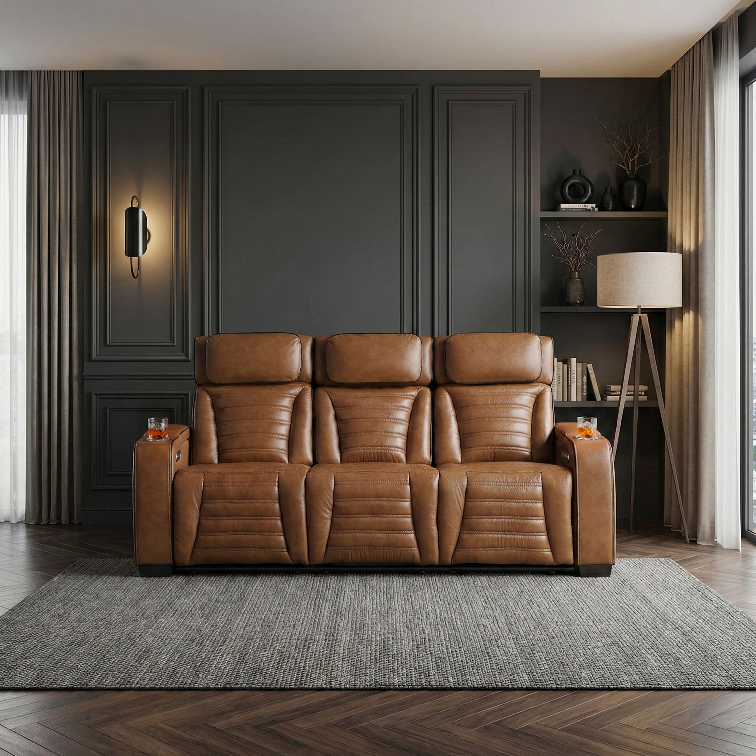 Cyber Leather Power Double Reclining Sofa with LED Lighting & Air Massage