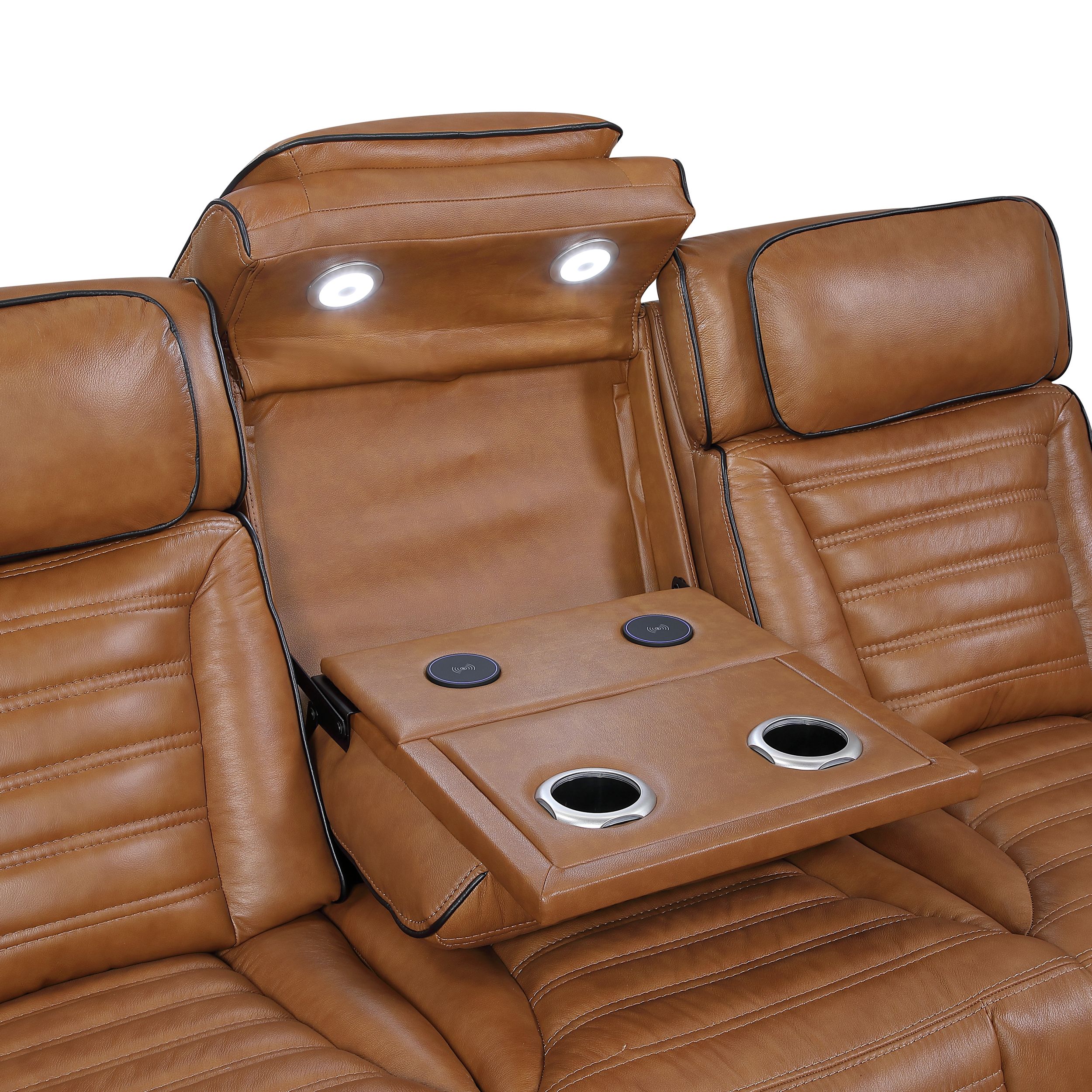 Cyber Leather Power Double Reclining Sofa with LED Lighting & Air Massage