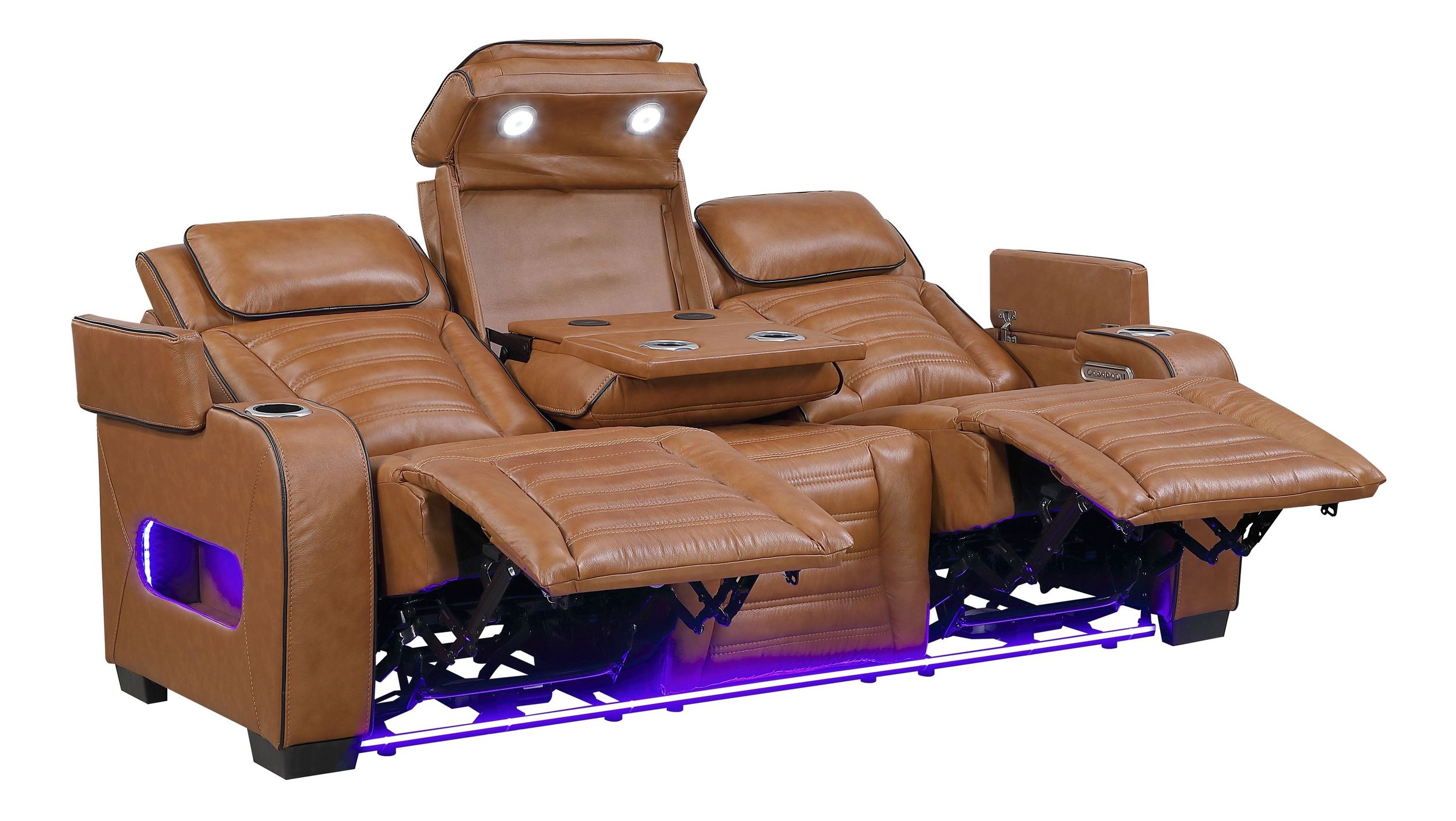 Cyber Leather Power Double Reclining Sofa with LED Lighting & Air Massage